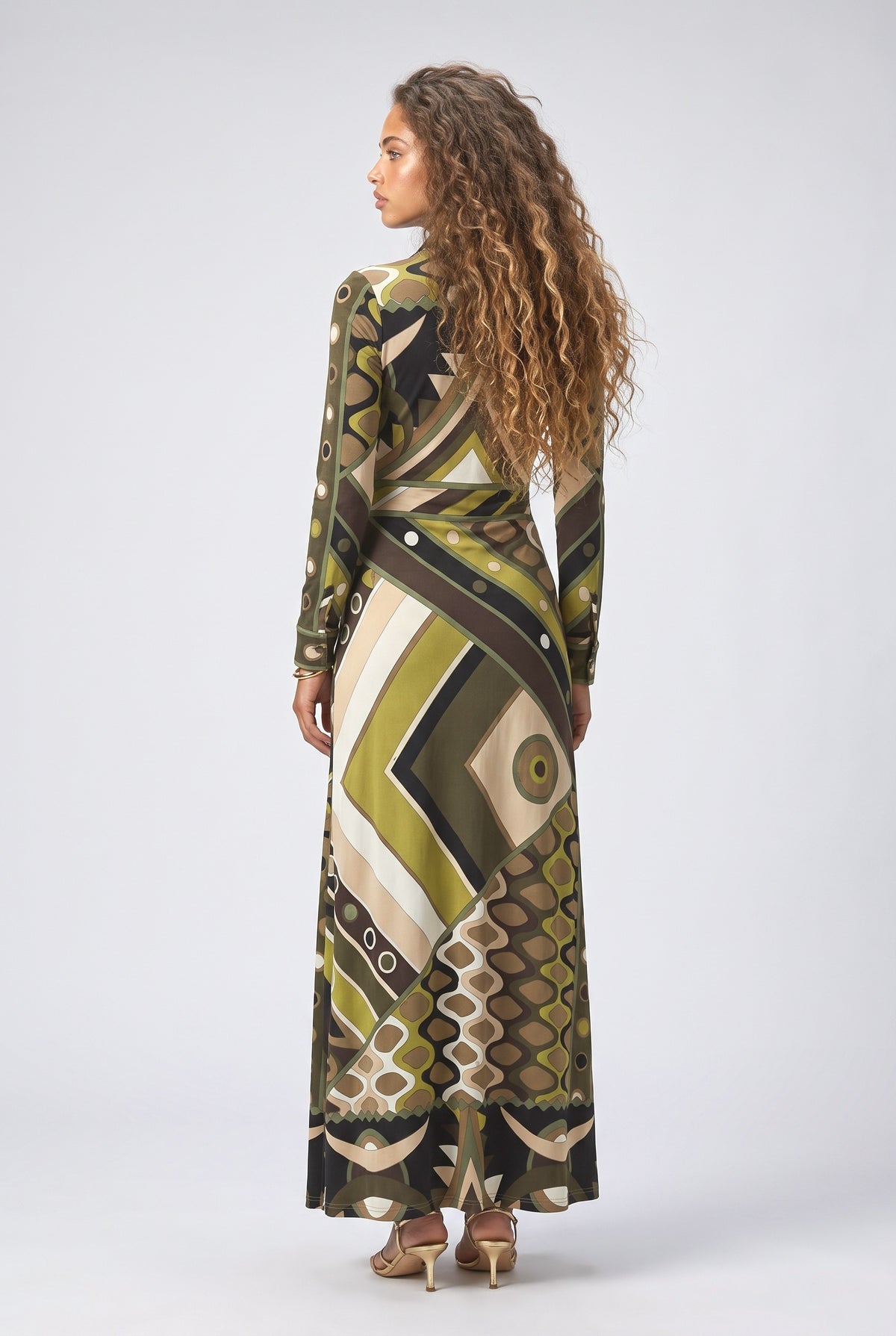 Green Abstract Long Sleeve Maxi Dress, back view