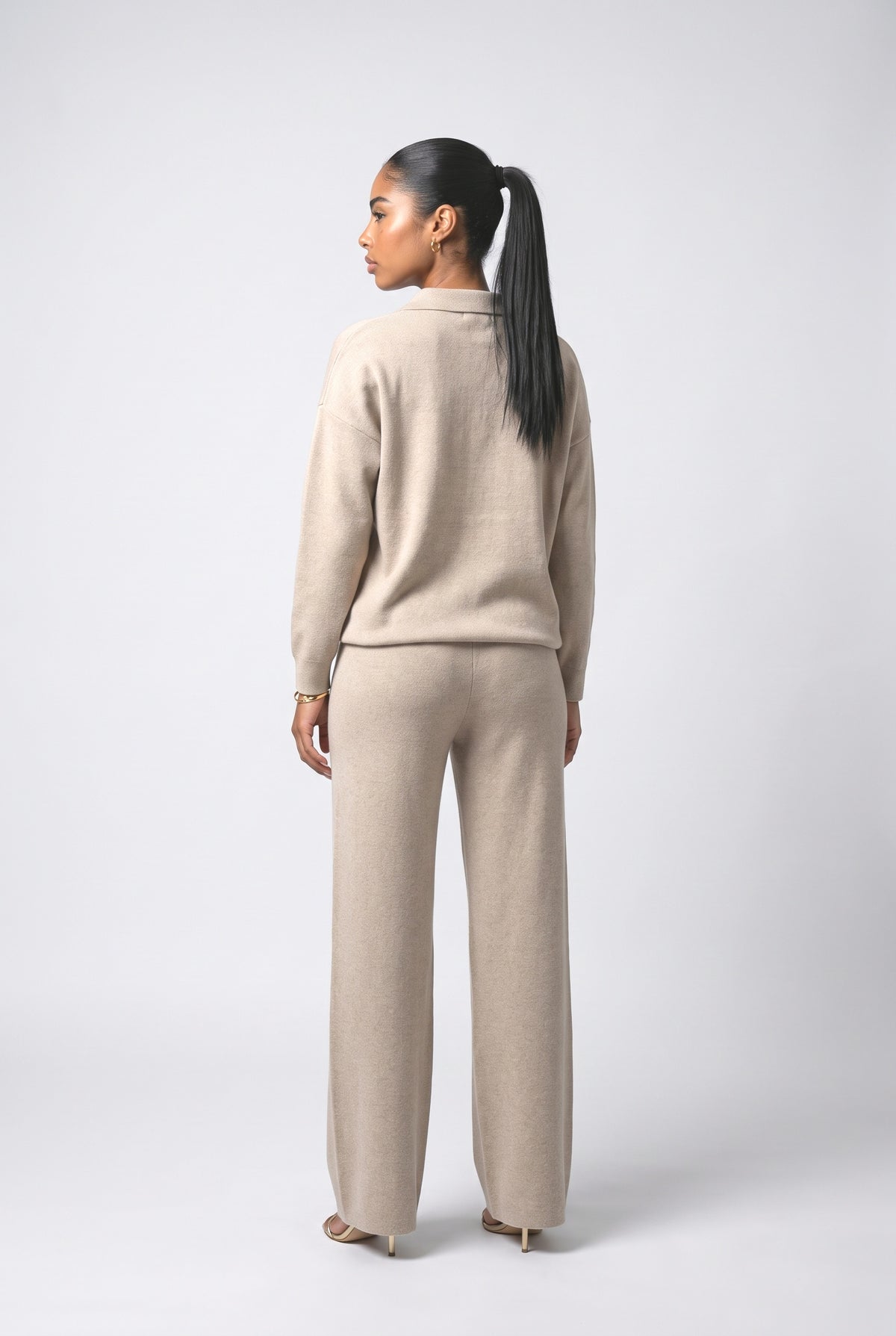 Polo Neck Knitted Pullover Wide Leg Pants Two-Piece Sets, back view