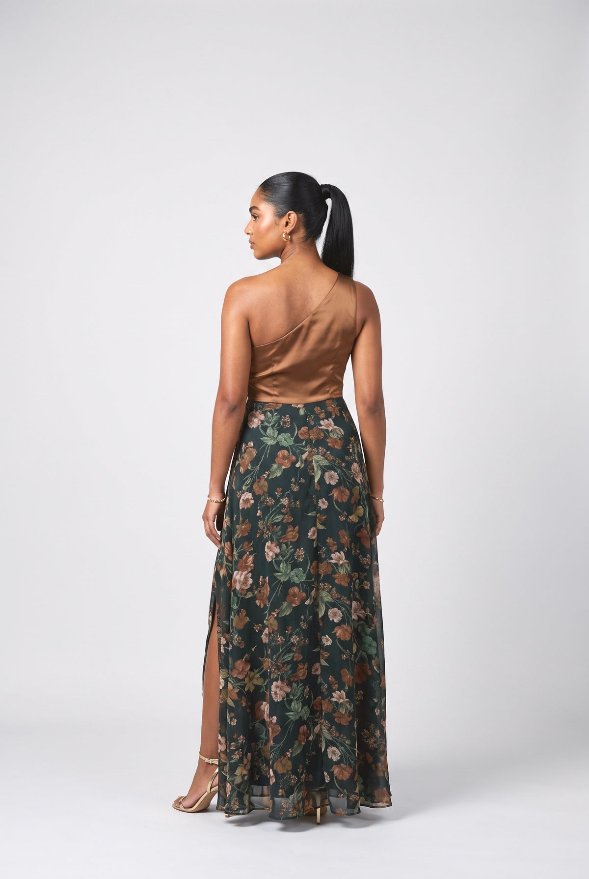 Green Floral One-Shoulder Slit Maxi Dress, back view