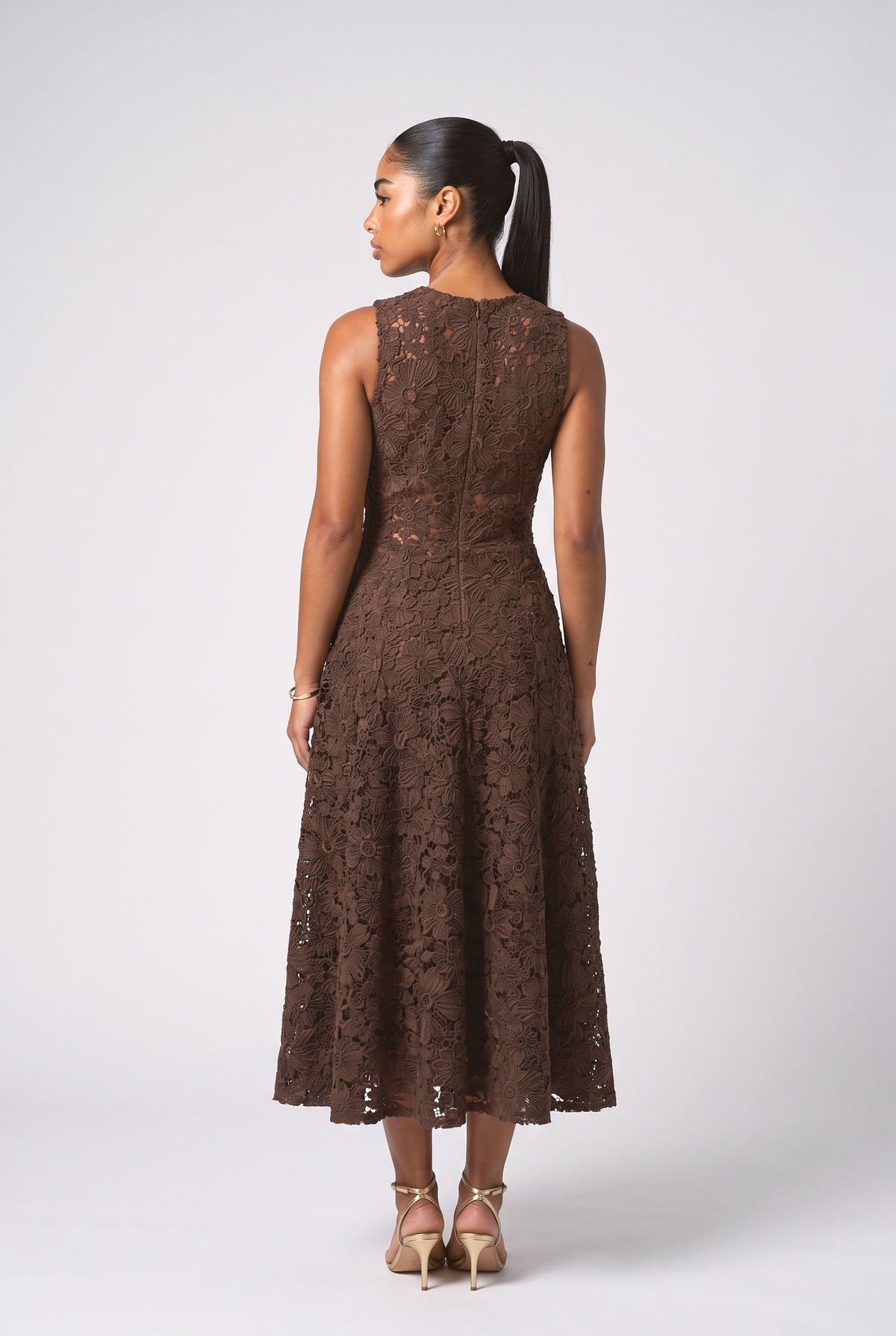 Floral Lace Sleeveless Midi Dress, back view