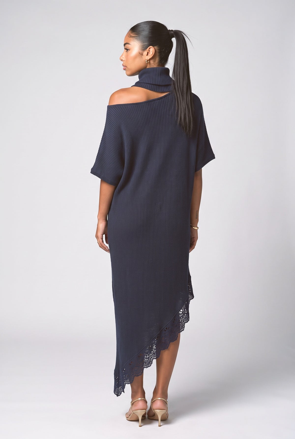 Navy Knit Off-Shoulder Asymmetric Maxi Dress, back view