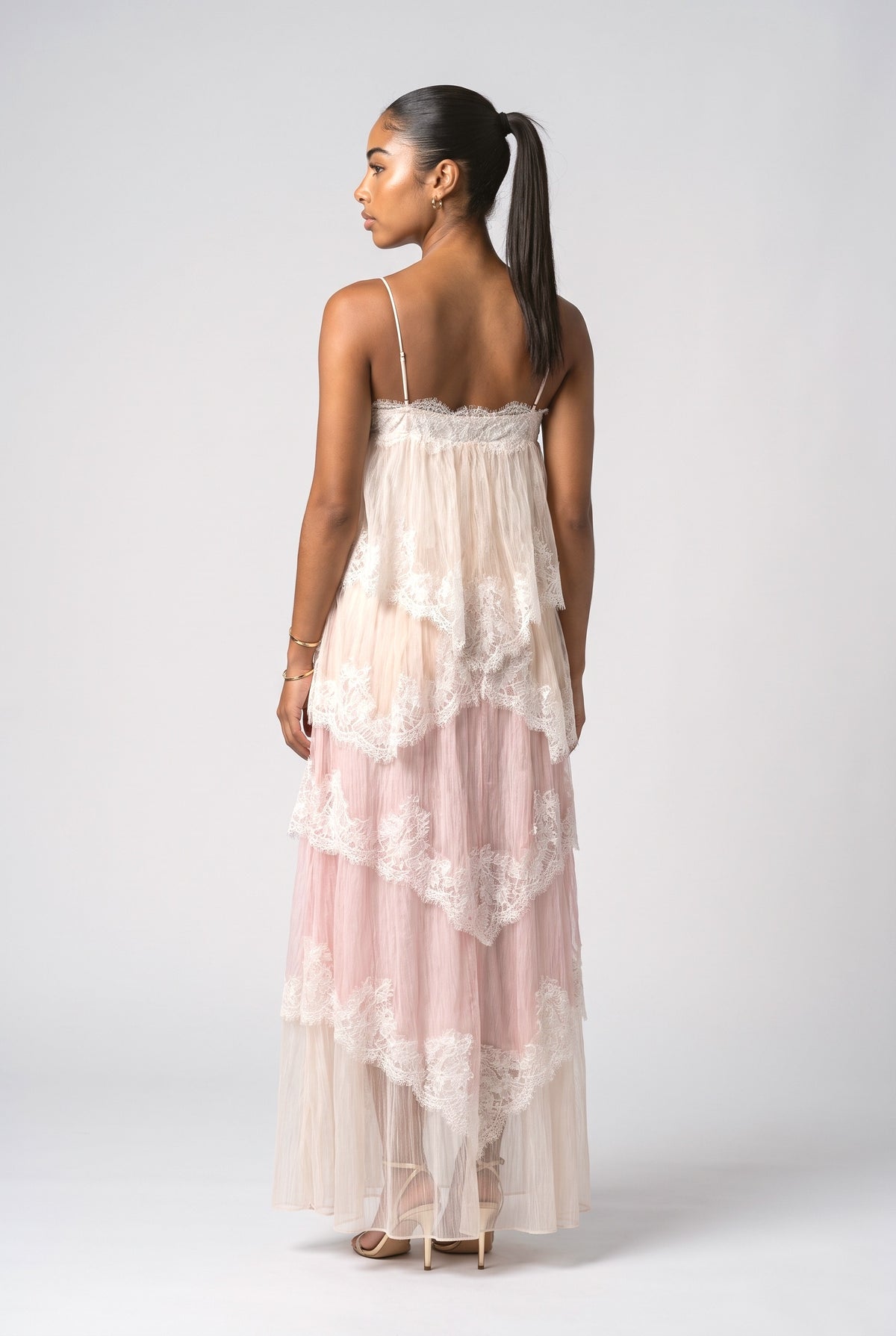Pink Lace Strappy Tiered Maxi Dress, back view