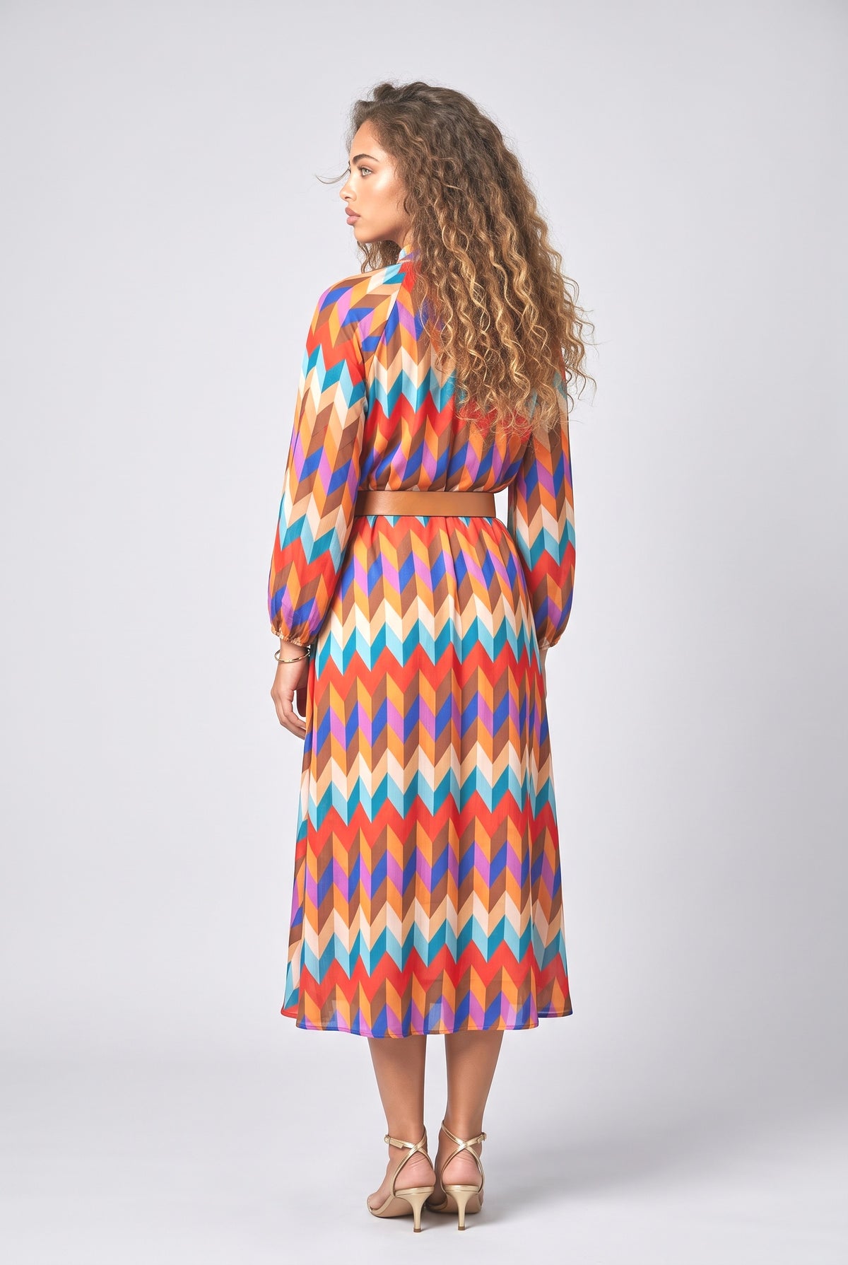 And Rainbow Print Stand Collar Long Sleeve Midi Dress, back view