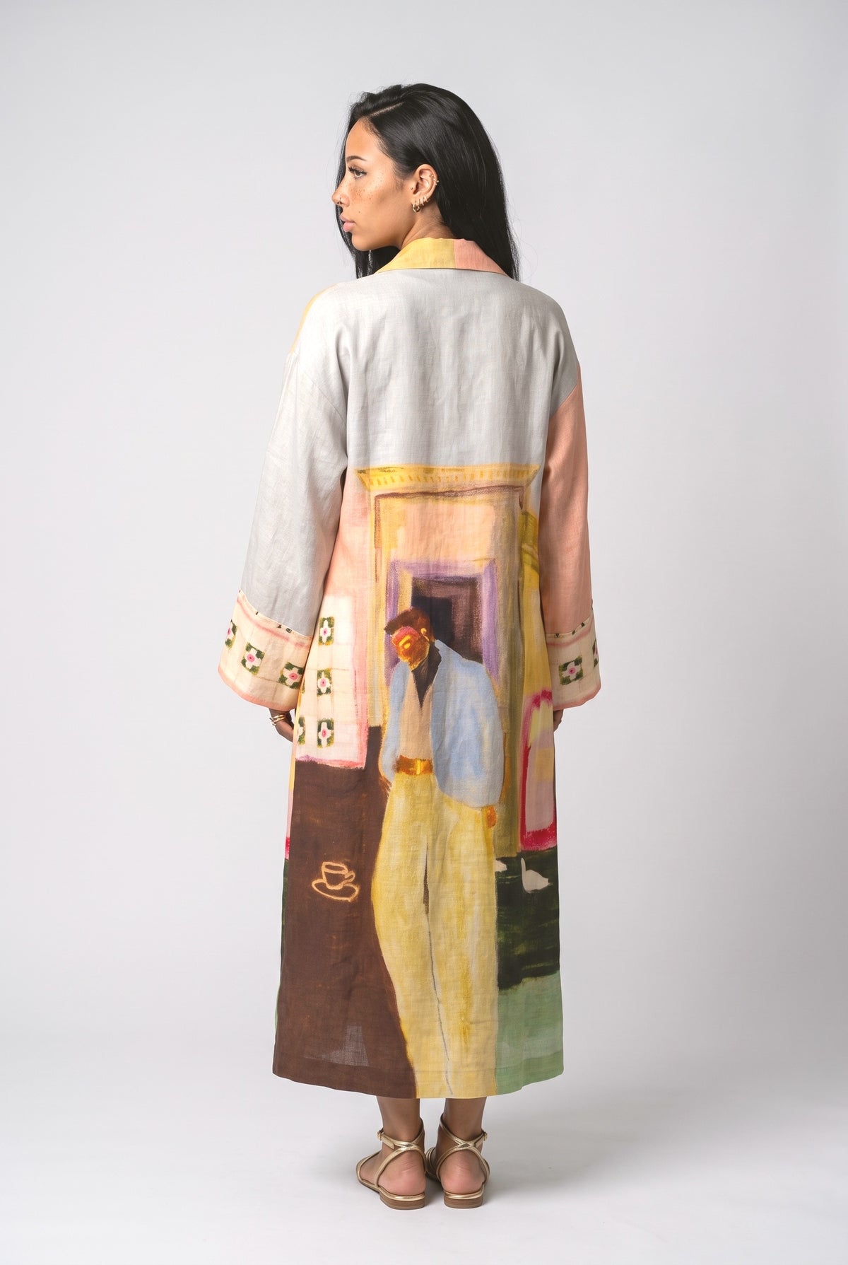 Artistic Print Long Robe Style Maxi Dress, back view