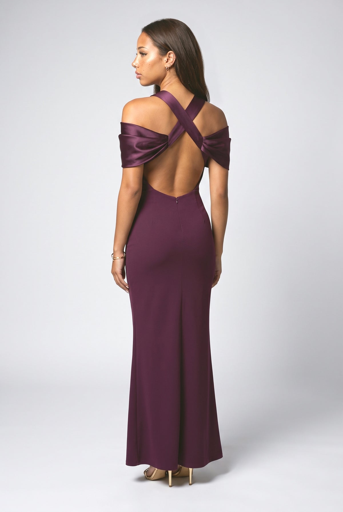 Purple Satin Backless Maxi Dress, back view