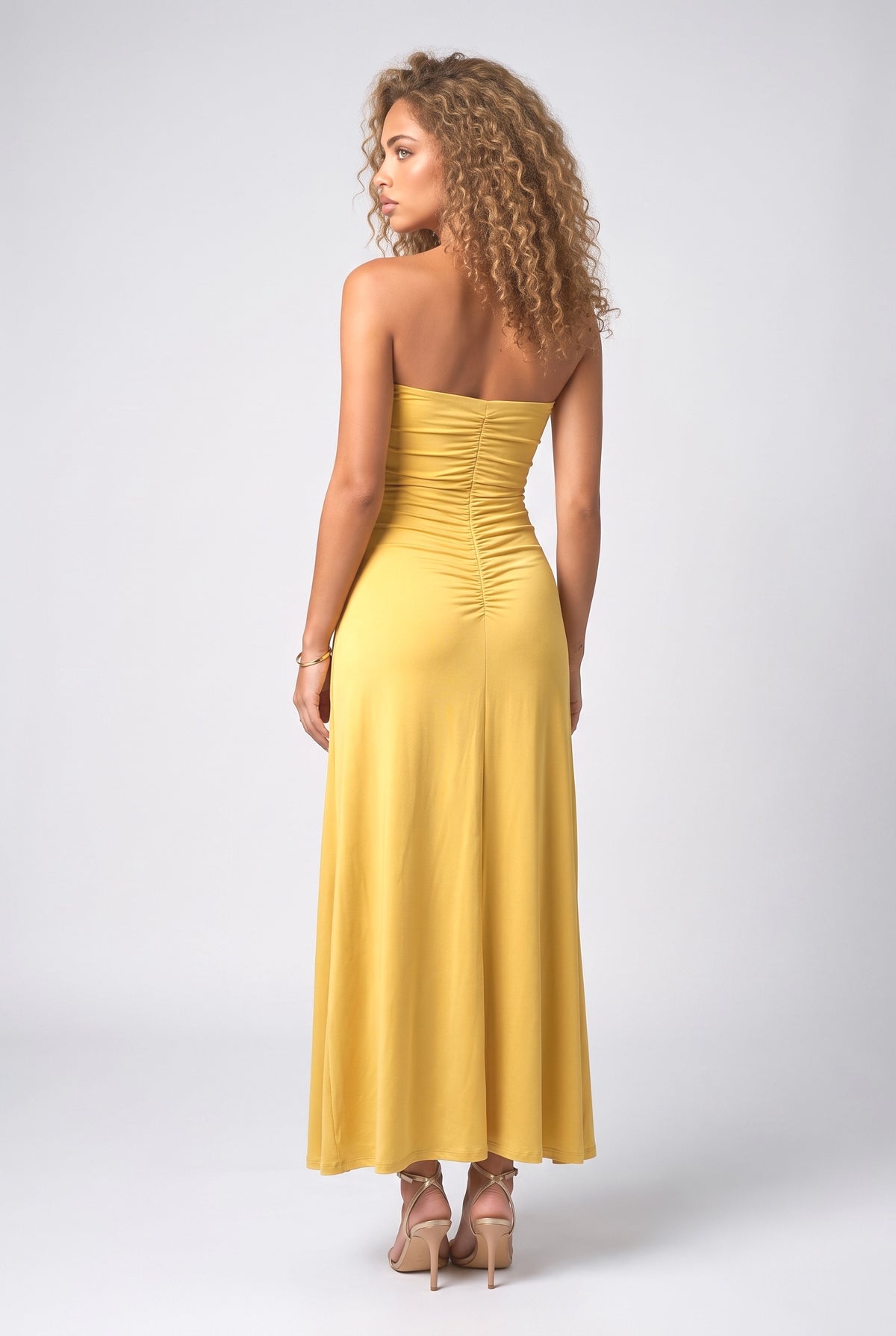 Yellow Strapless Ruched Maxi Dress, back view