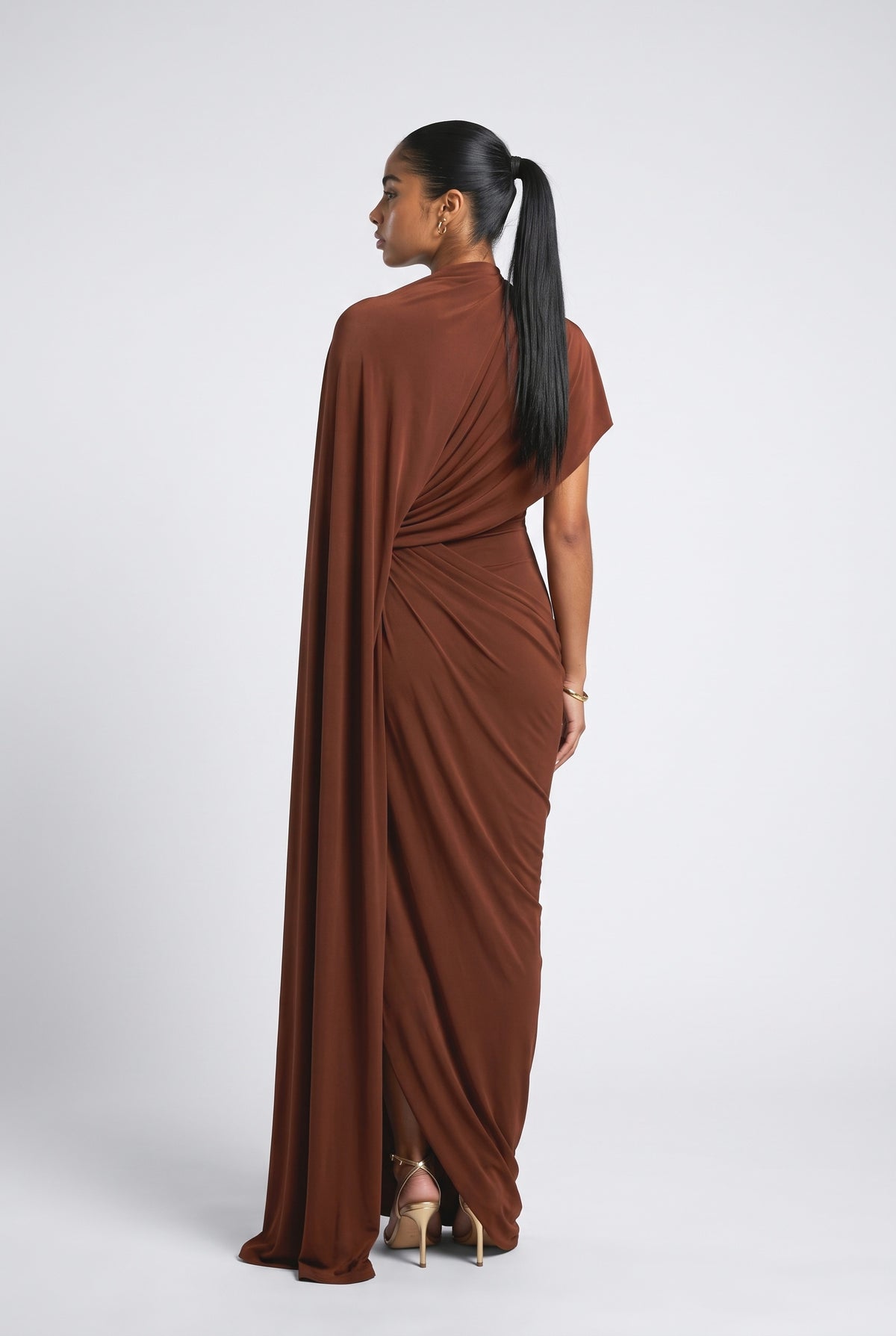 Irregular Shawl Pleated Maxi Dress, back view