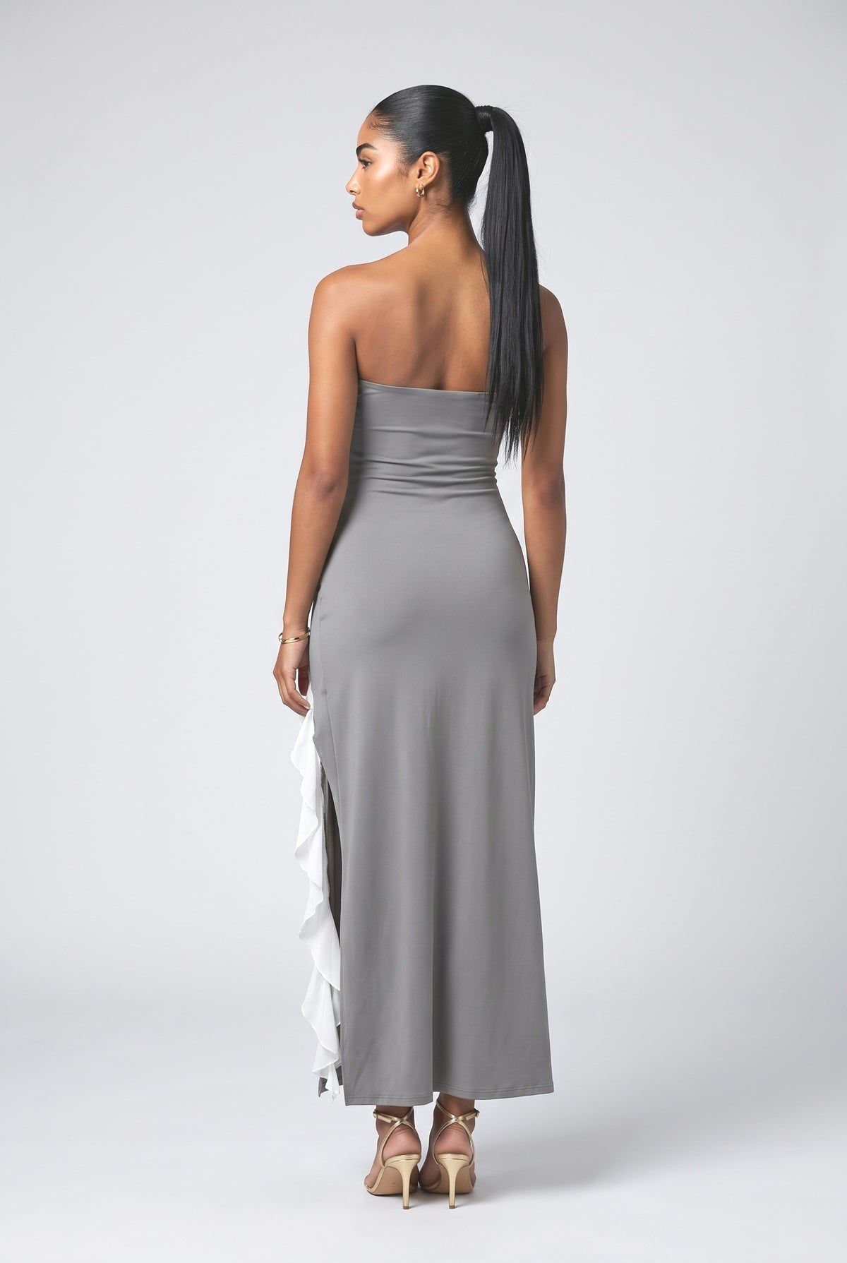 Black Strapless Ruffle Maxi Dress, back view