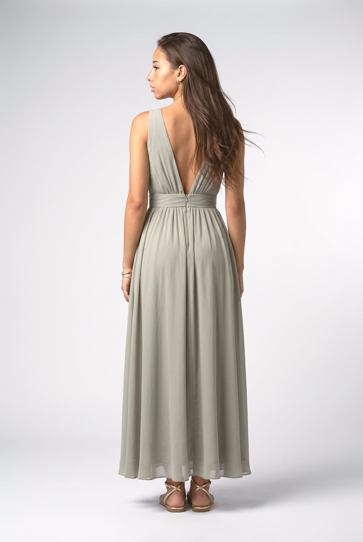 Multicolor Striped Chiffon Sleeveless Maxi Dress, back view