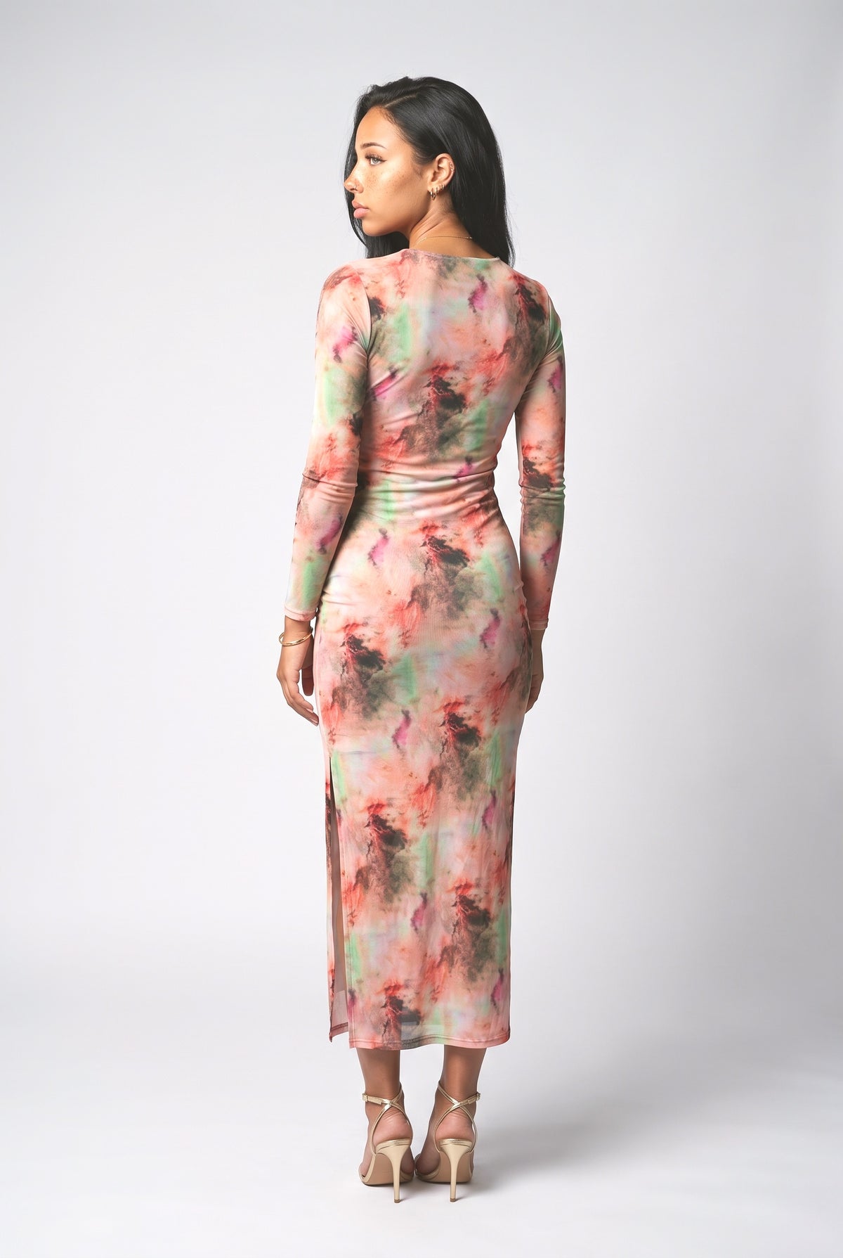 Tie-Dye Mesh Long Sleeve Ruched Midi Dress, back view