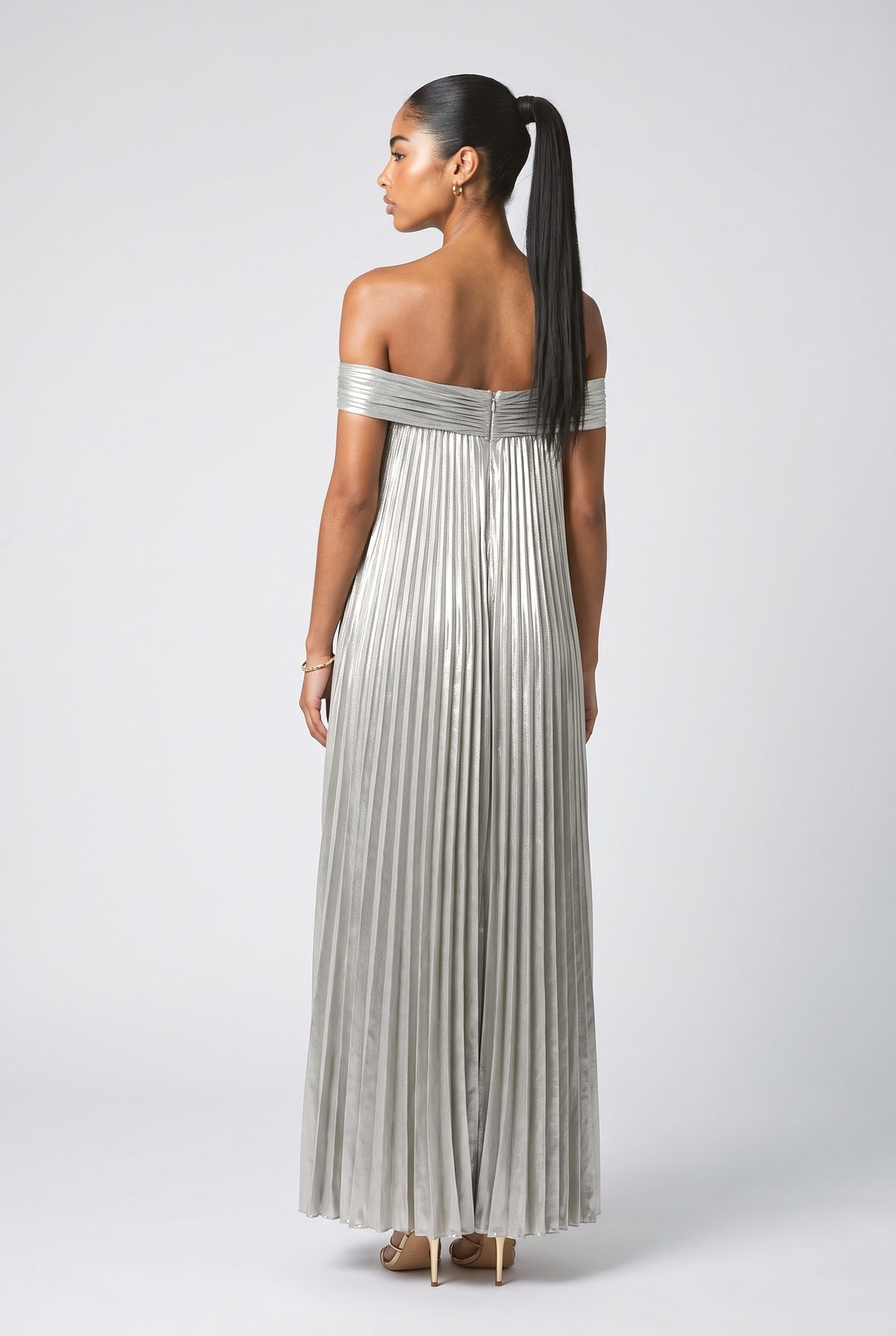 Silver Off-Shoulder Pleated Maxi Dress, back view