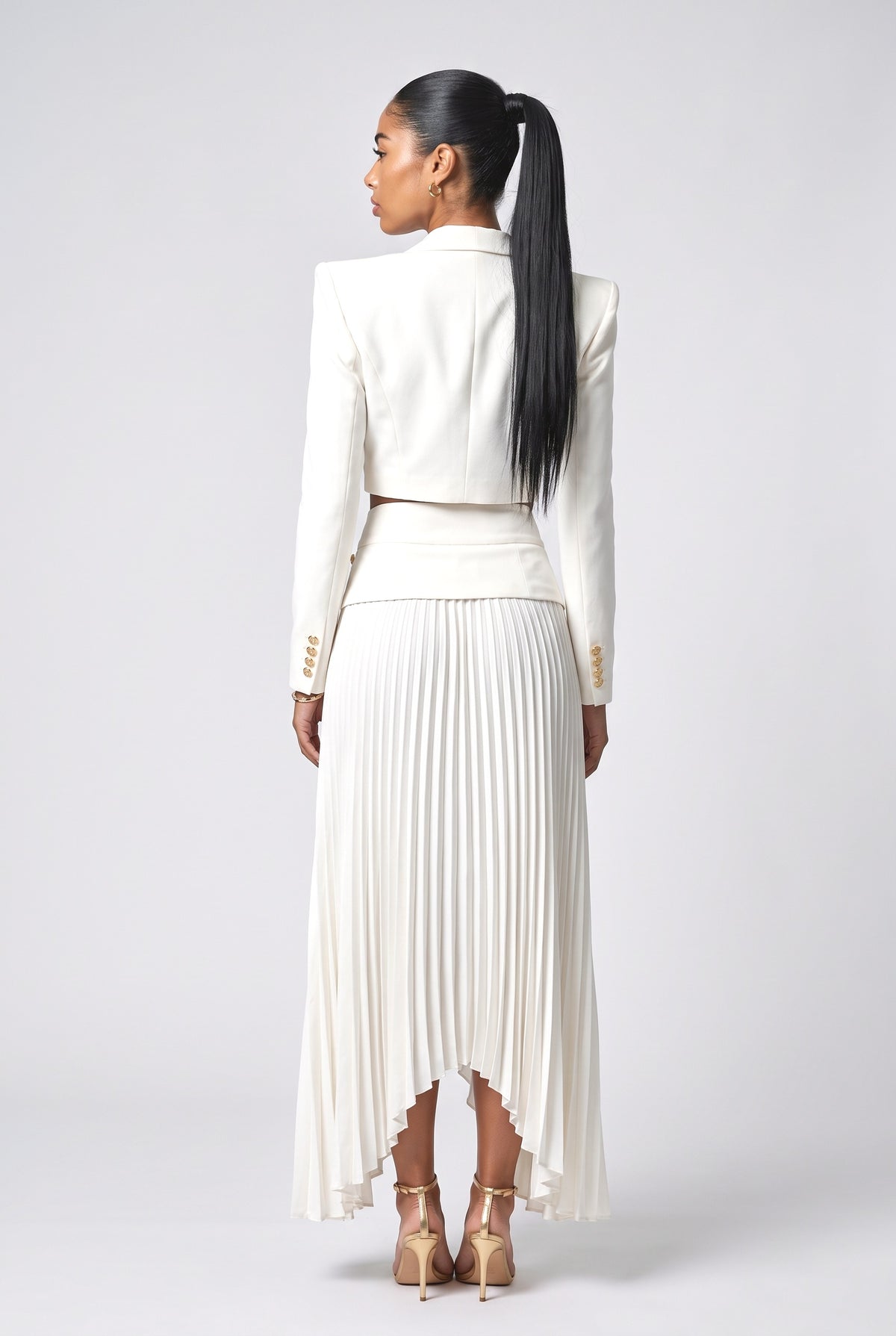 Short Blazer Top and Pleated Skirt Set, back view