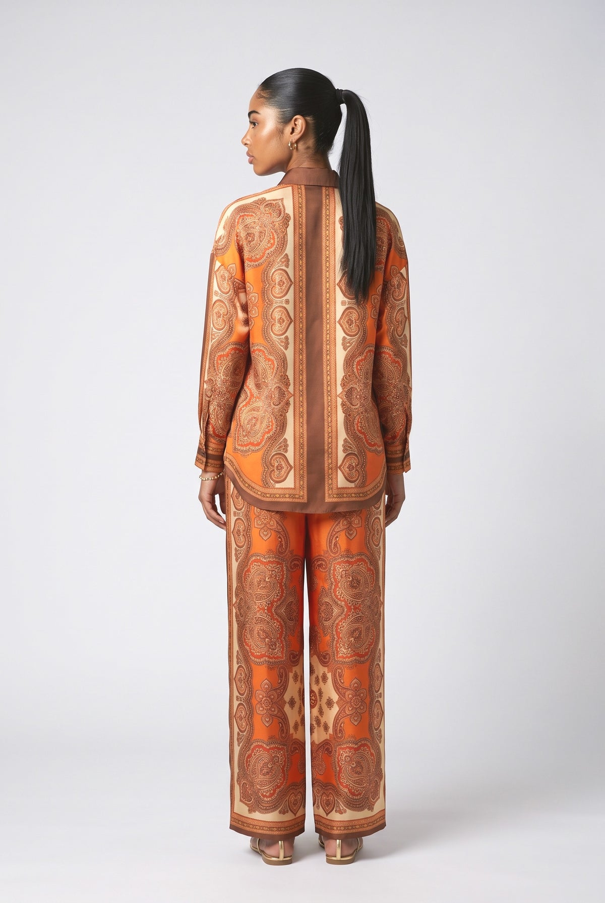 Orange Paisley Long Sleeve Outfit Set, back view