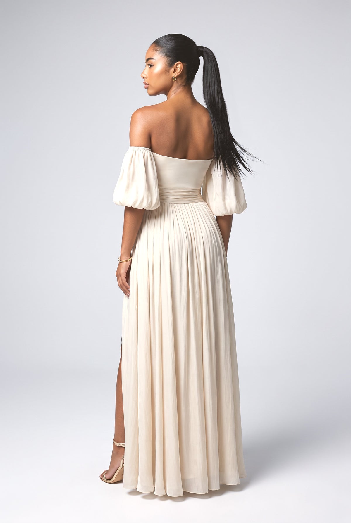Beige Off-Shoulder Puff Sleeve Slit Maxi Dress, back view