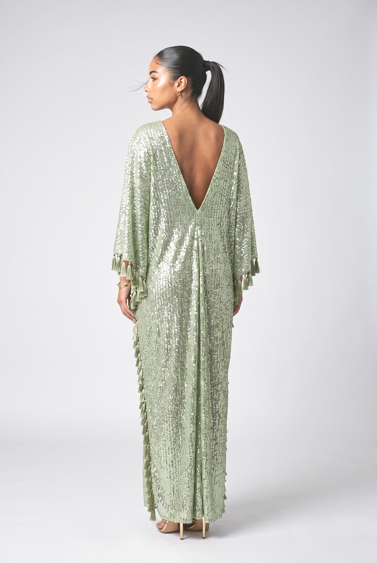 Green Sequin V-Neck Fringe Maxi Dress, back view
