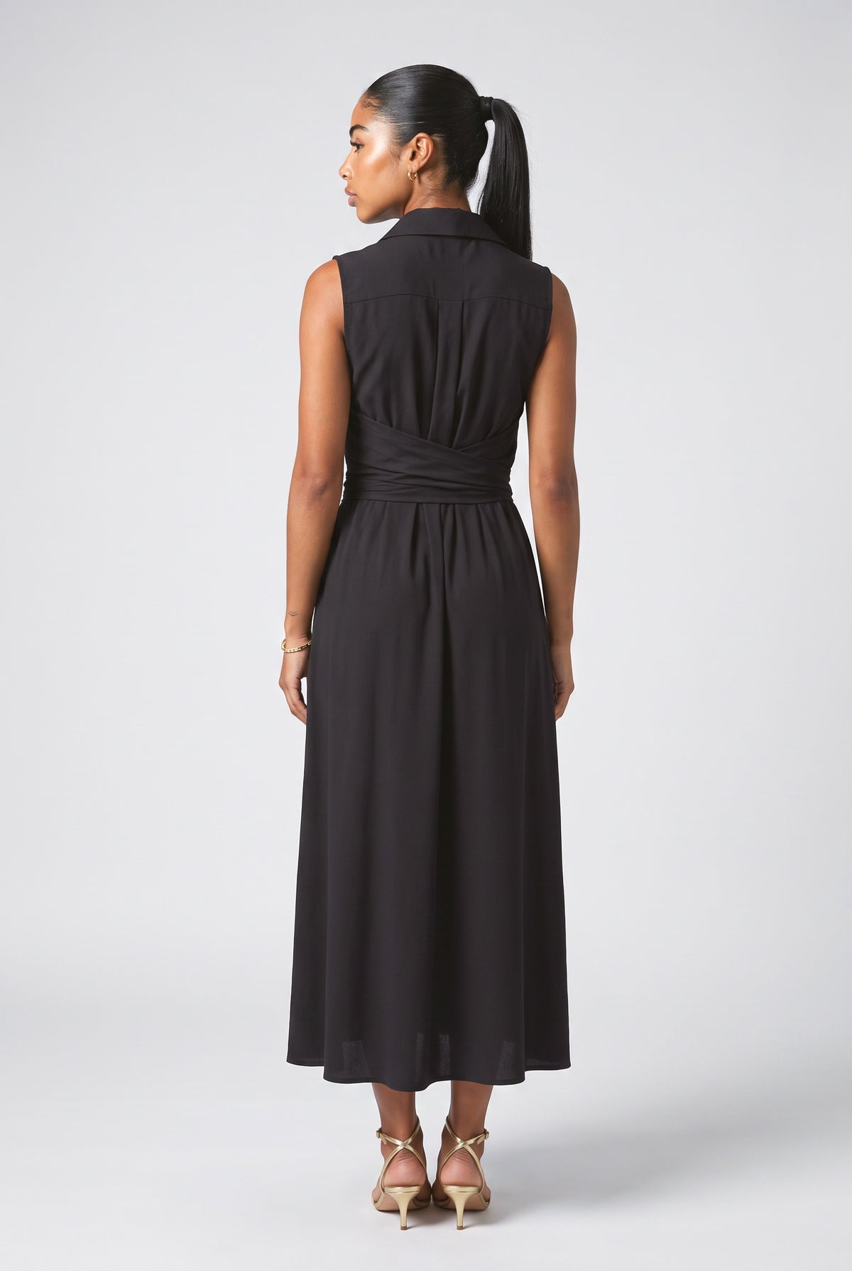 Shirt Style Single-breasted Tie Midi Dress, back view