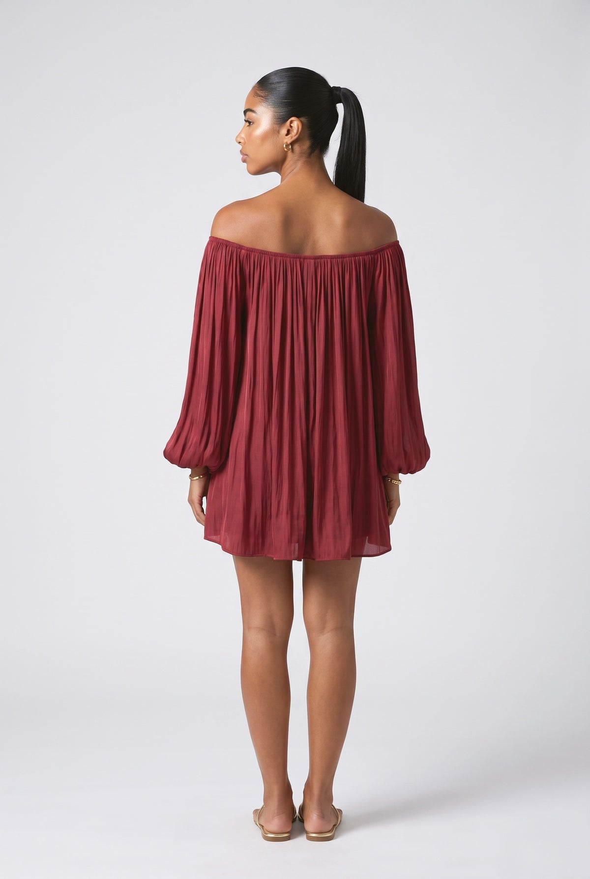 Red Off-Shoulder Ruched Mini Dress, back view
