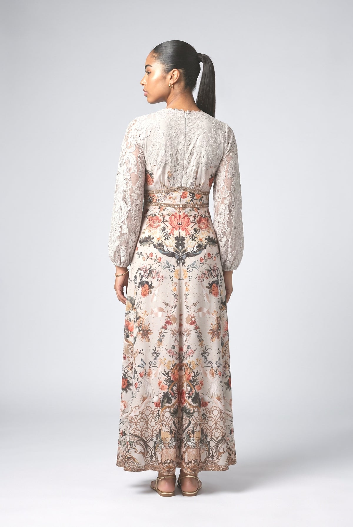Pink Print Lace Maxi Dress, back view