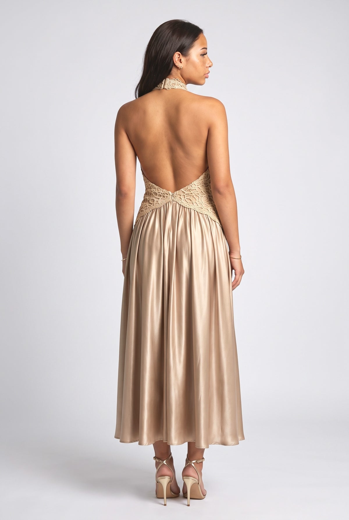 Gold Satin Backless Maxi Dress, back view