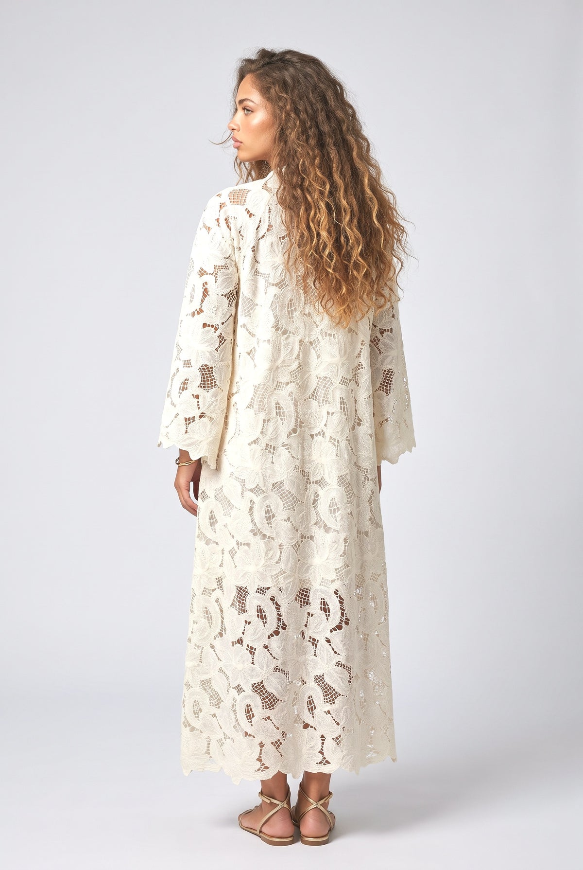 White Lace V-Neck Long Sleeve Dress, back view
