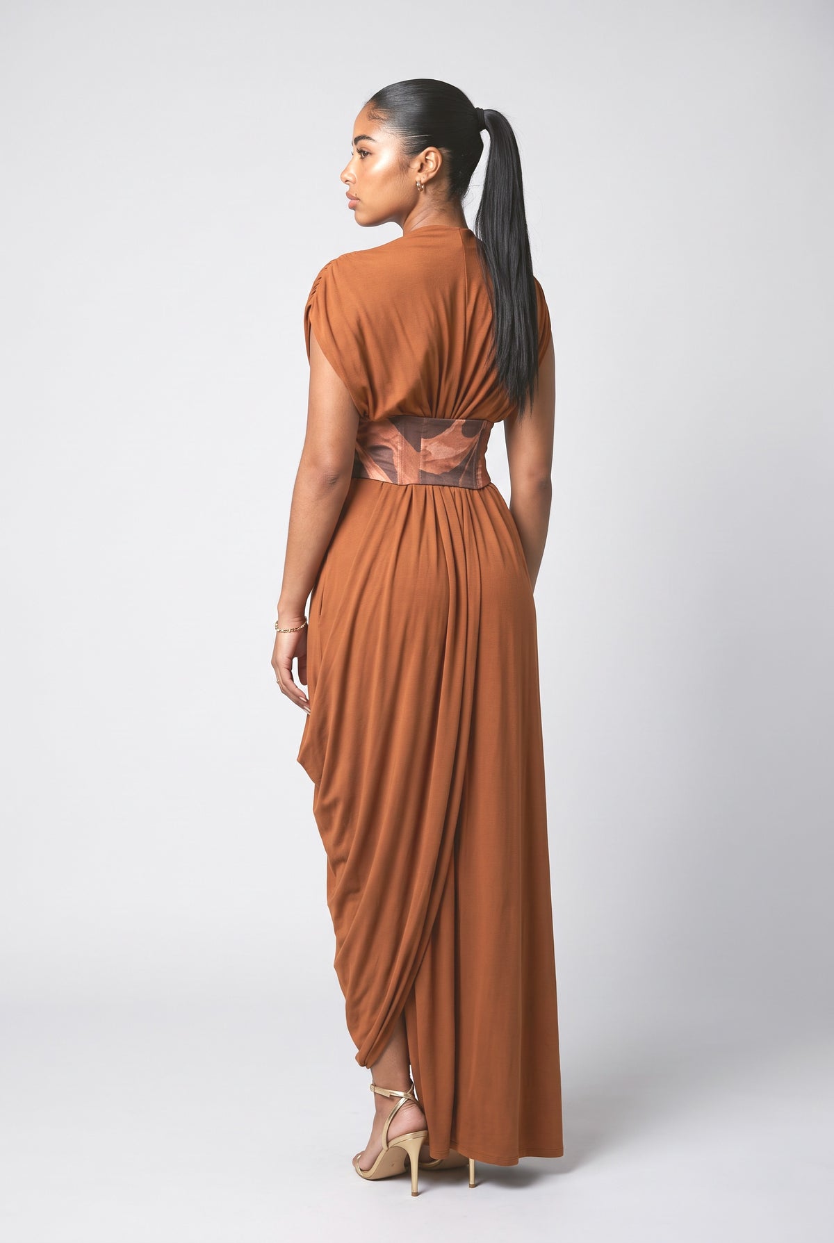 Yellow Print Knit Draped Maxi Dress, back view