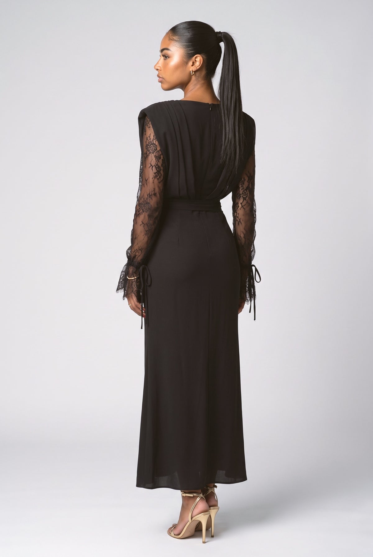 Black Lace Pleated Maxi Dress, back view