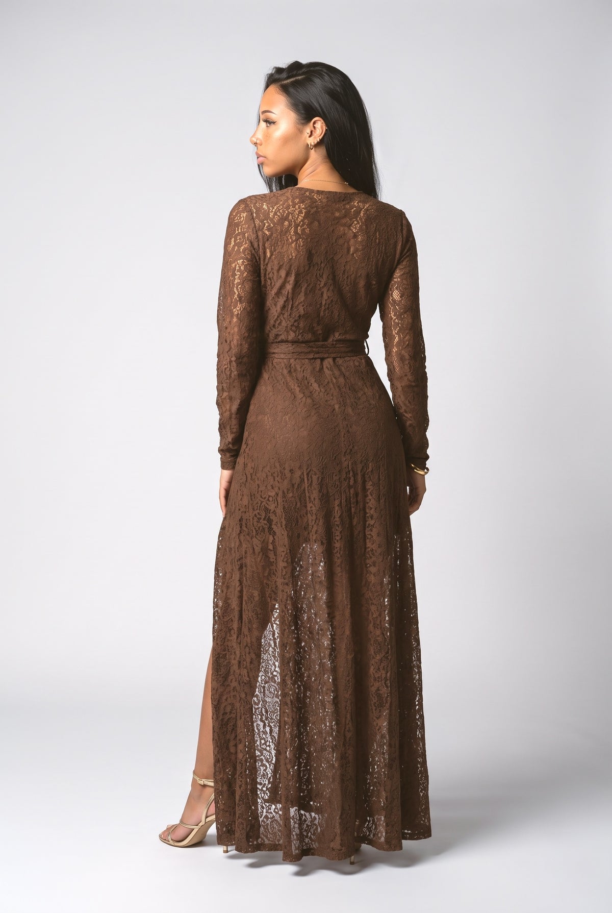 Brown Lace Long Sleeve Slit Maxi Dress, back view