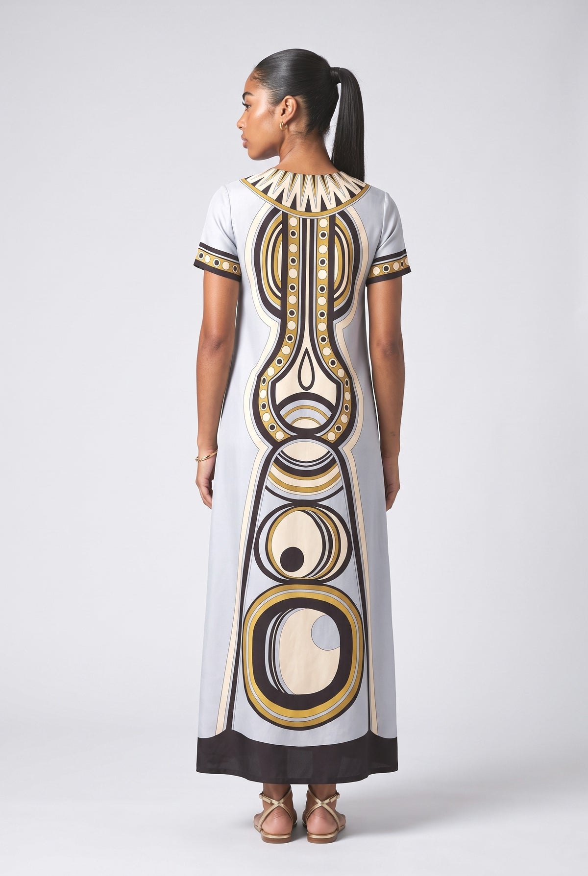 Gray Geometric Short Sleeve Maxi Dress, back view