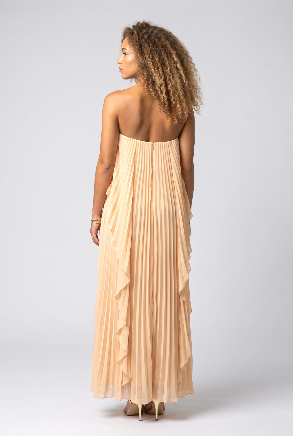 Chiffon Strapless Pleated Maxi Dress, back view