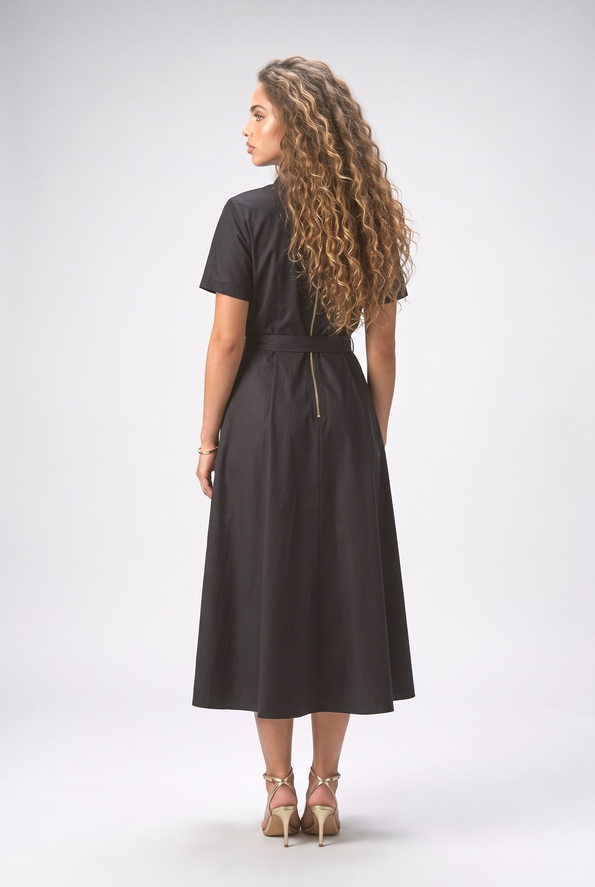 Black Short Sleeve Midi Dress, back view