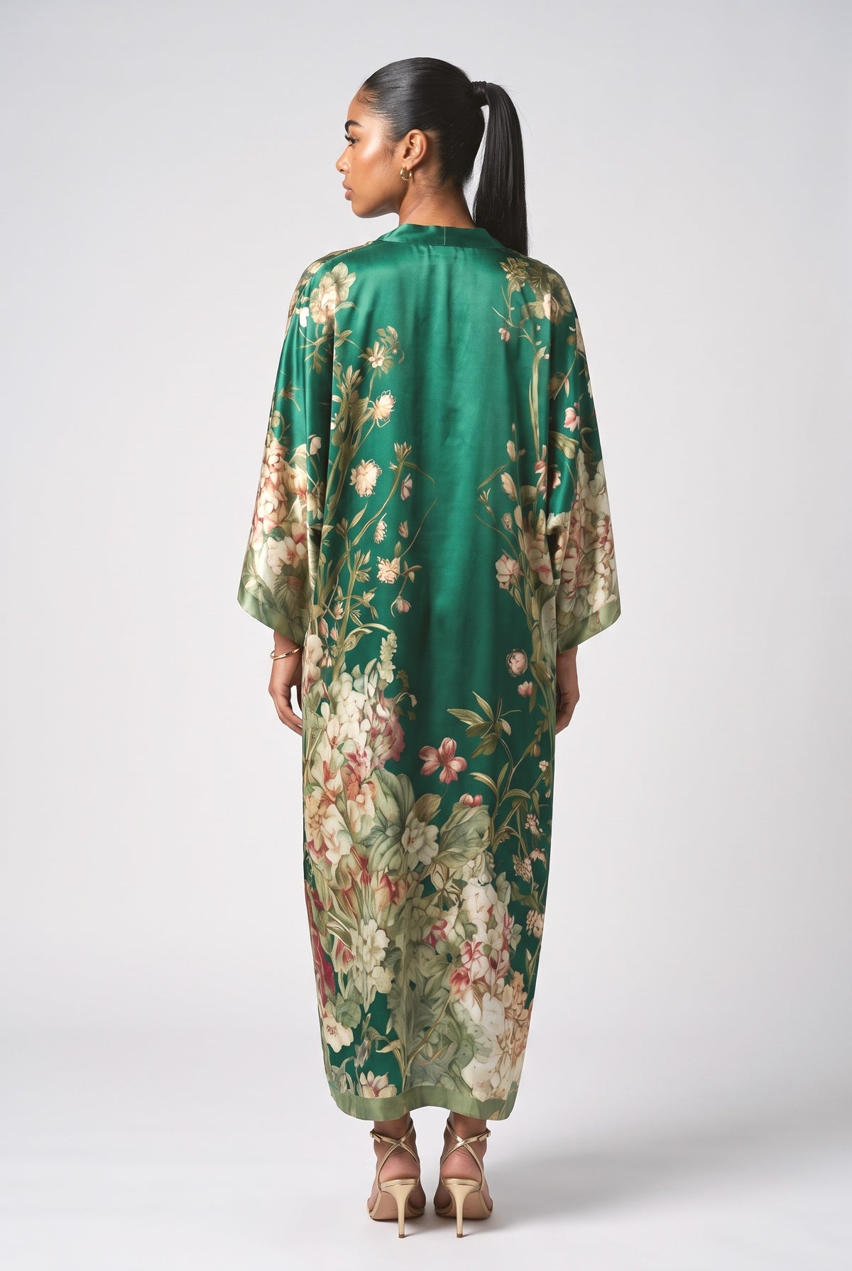 Green Floral Batwing Sleeve Maxi Dress, back view
