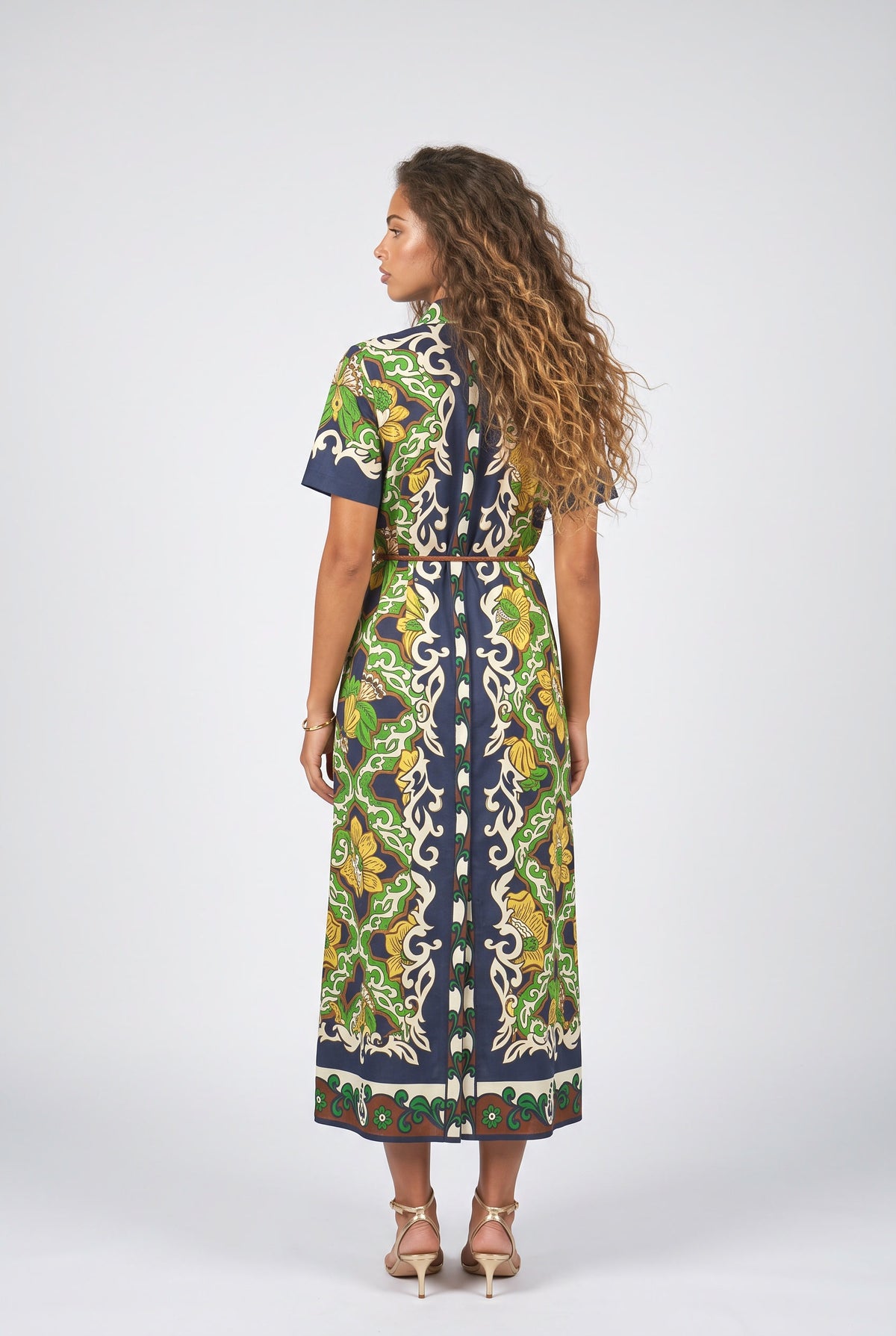 Bohemian Style Bar Print Shirt Collar Ti Meani Dress, back view