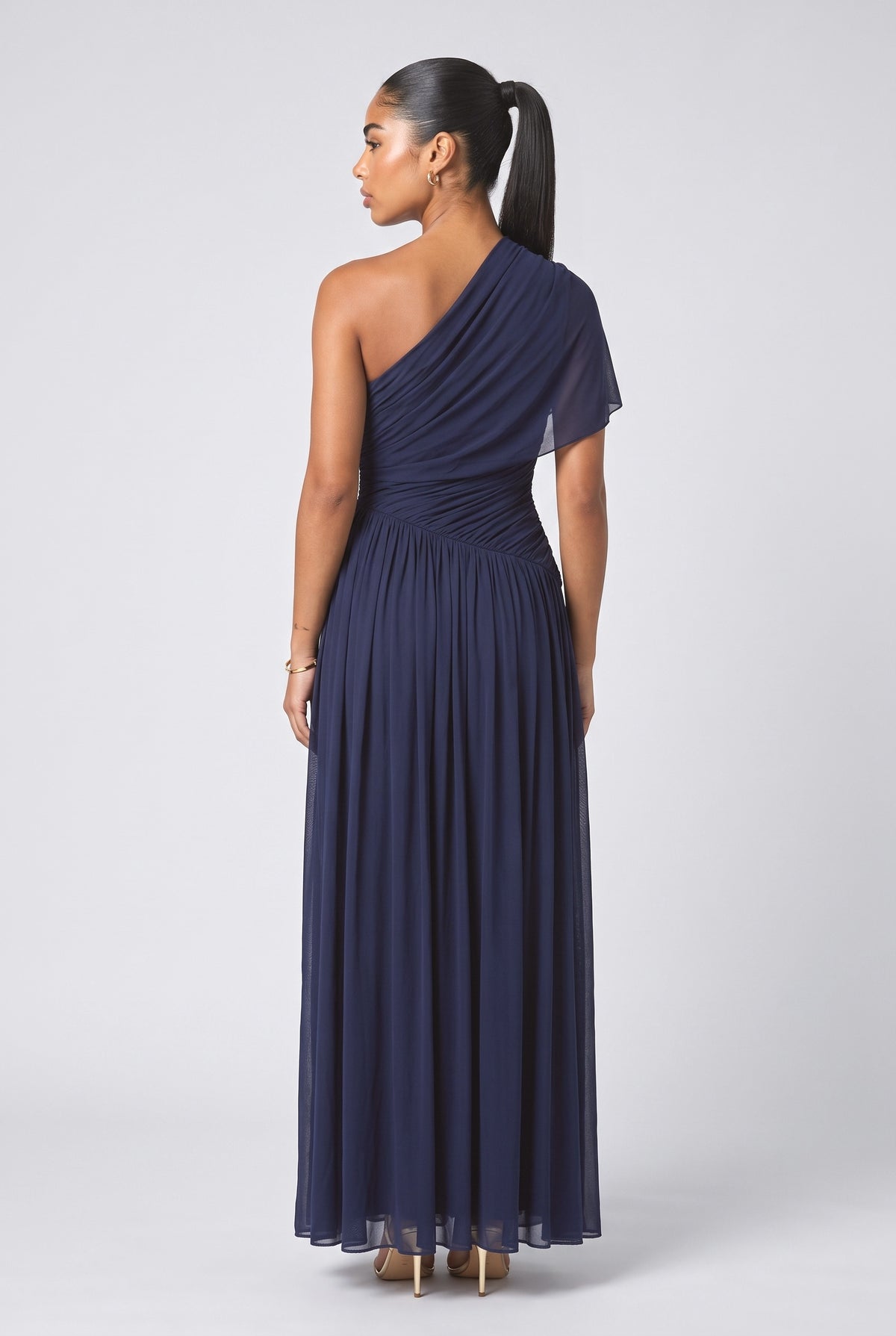 One Shoulder Draped Ruched Maxi Dress, back view