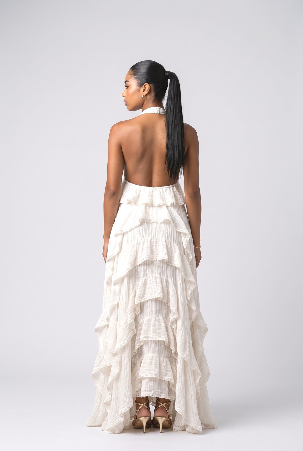 Layered Ruffle Bohemian Beach Maxi Dress, back view