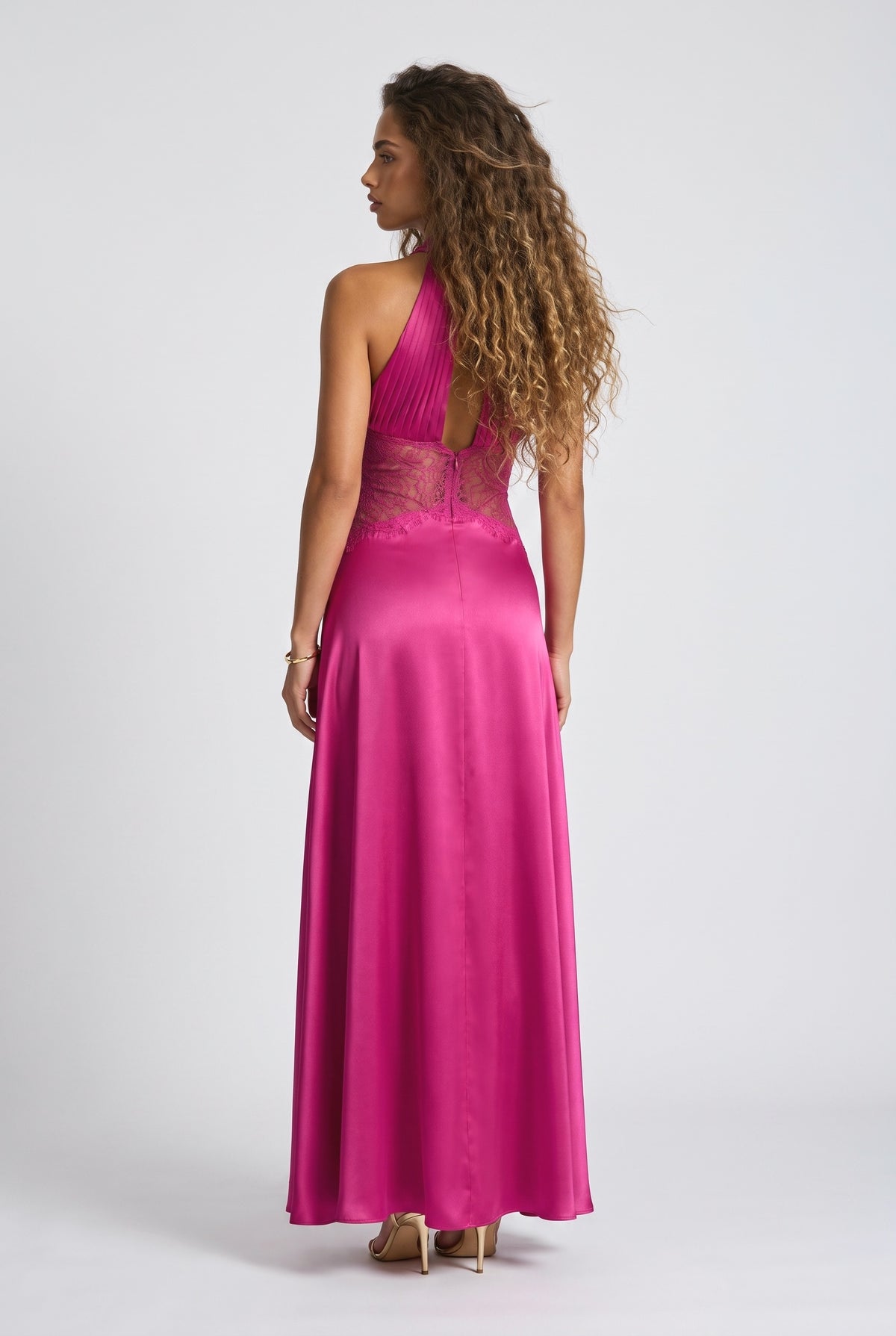 Satin Halter Neck Pleated Maxi Dress, back view