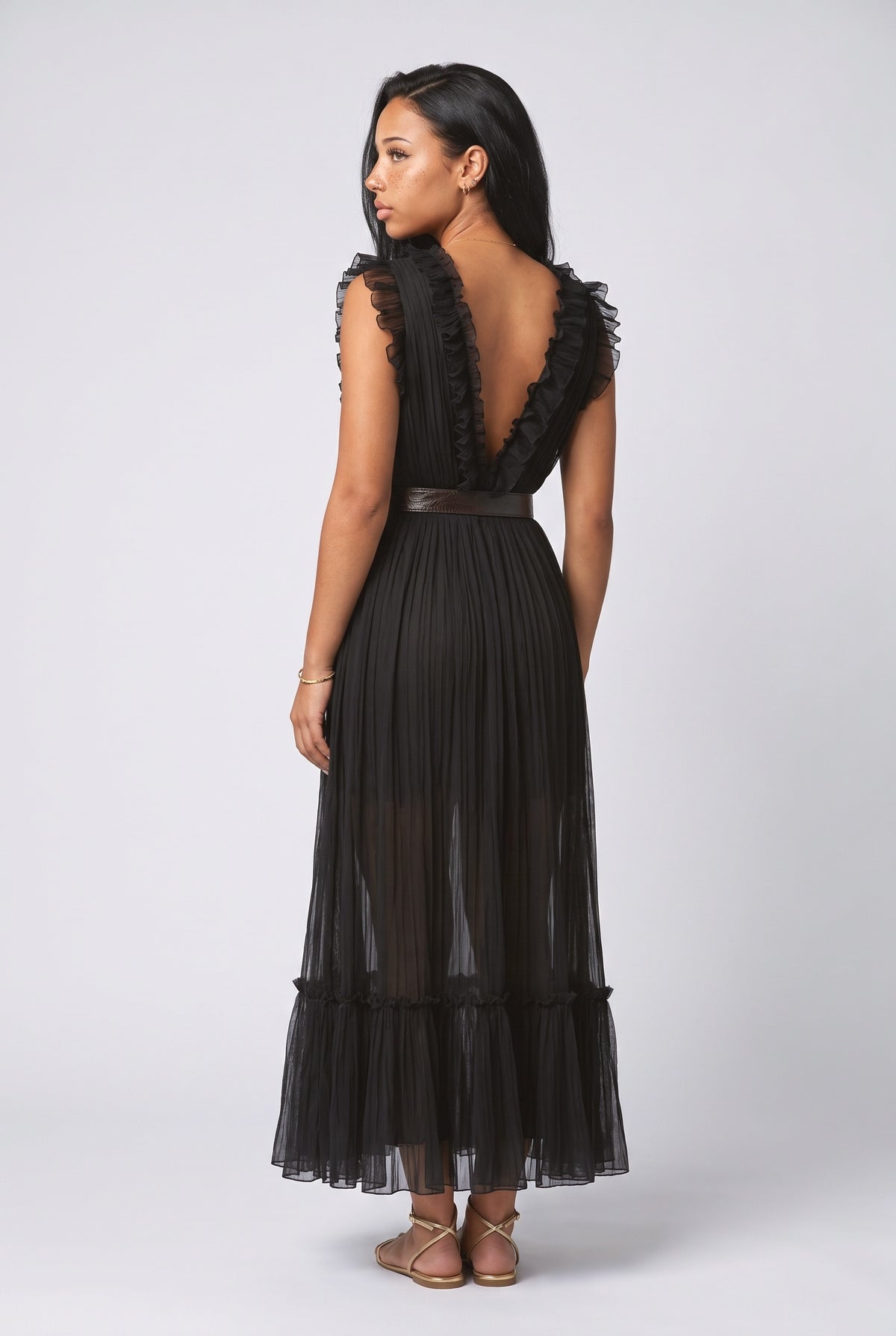 Black Tulle Ruffle Maxi Dress, back view