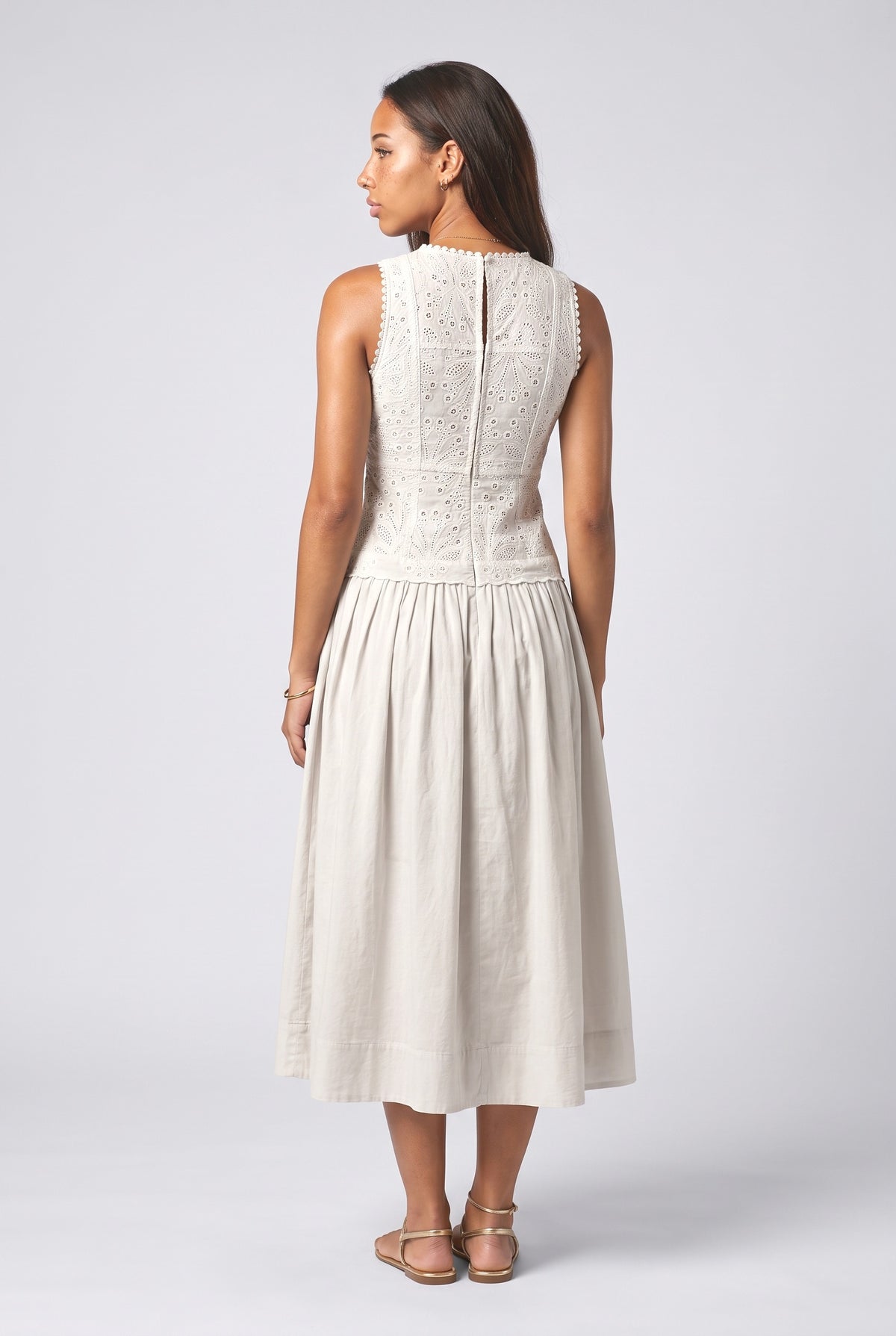 White Lace Sleeveless Midi Dress, back view
