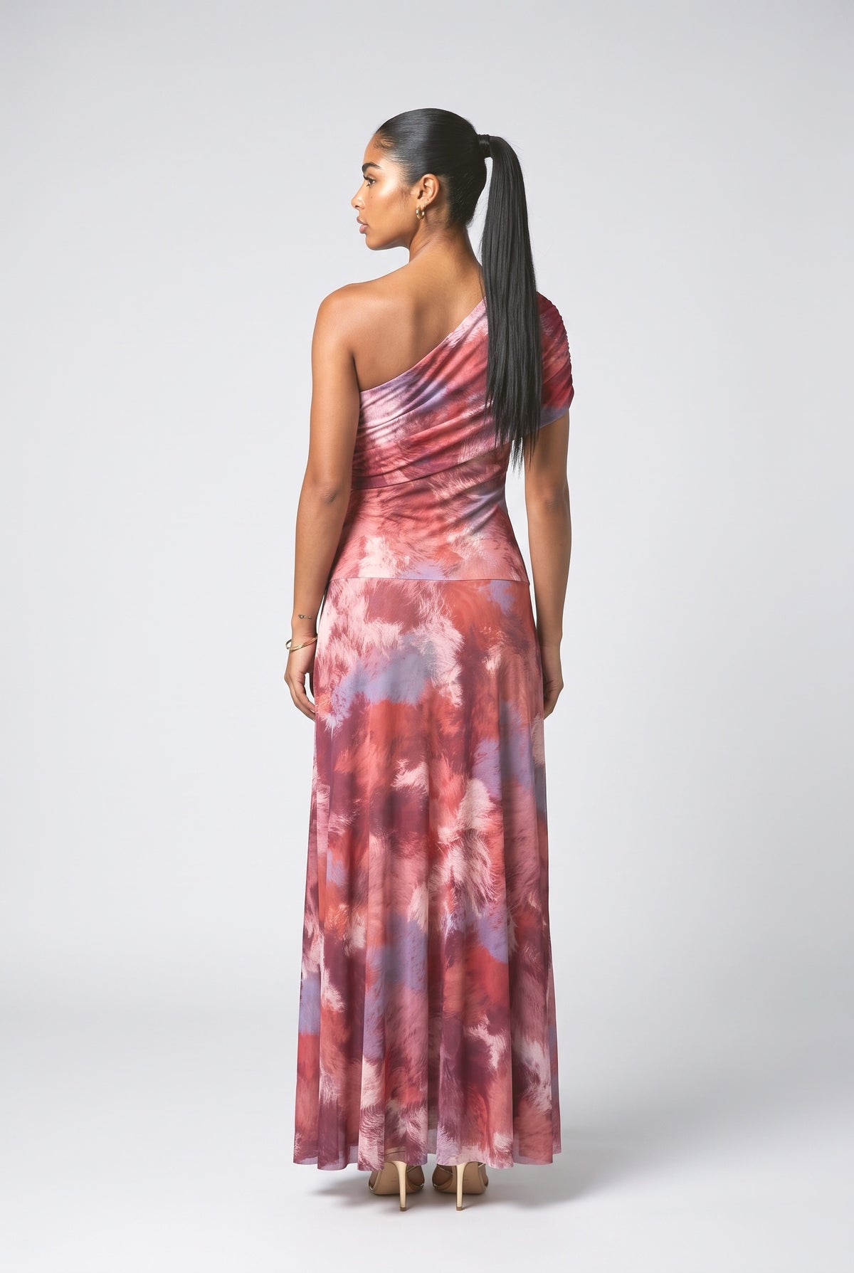 Red Abstract Mesh One-Shoulder Maxi Dress, back view