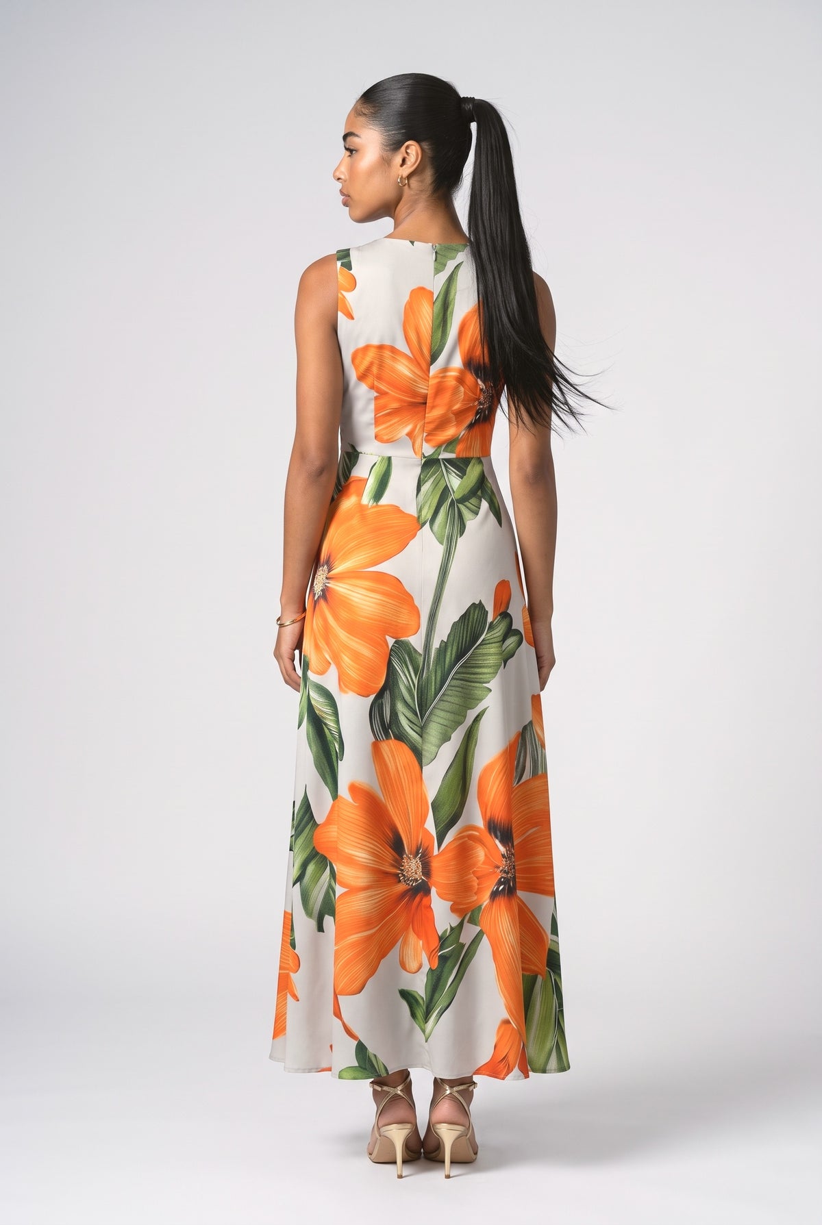 Floral V-Neck Sleeveless A-Line Maxi Dress, back view
