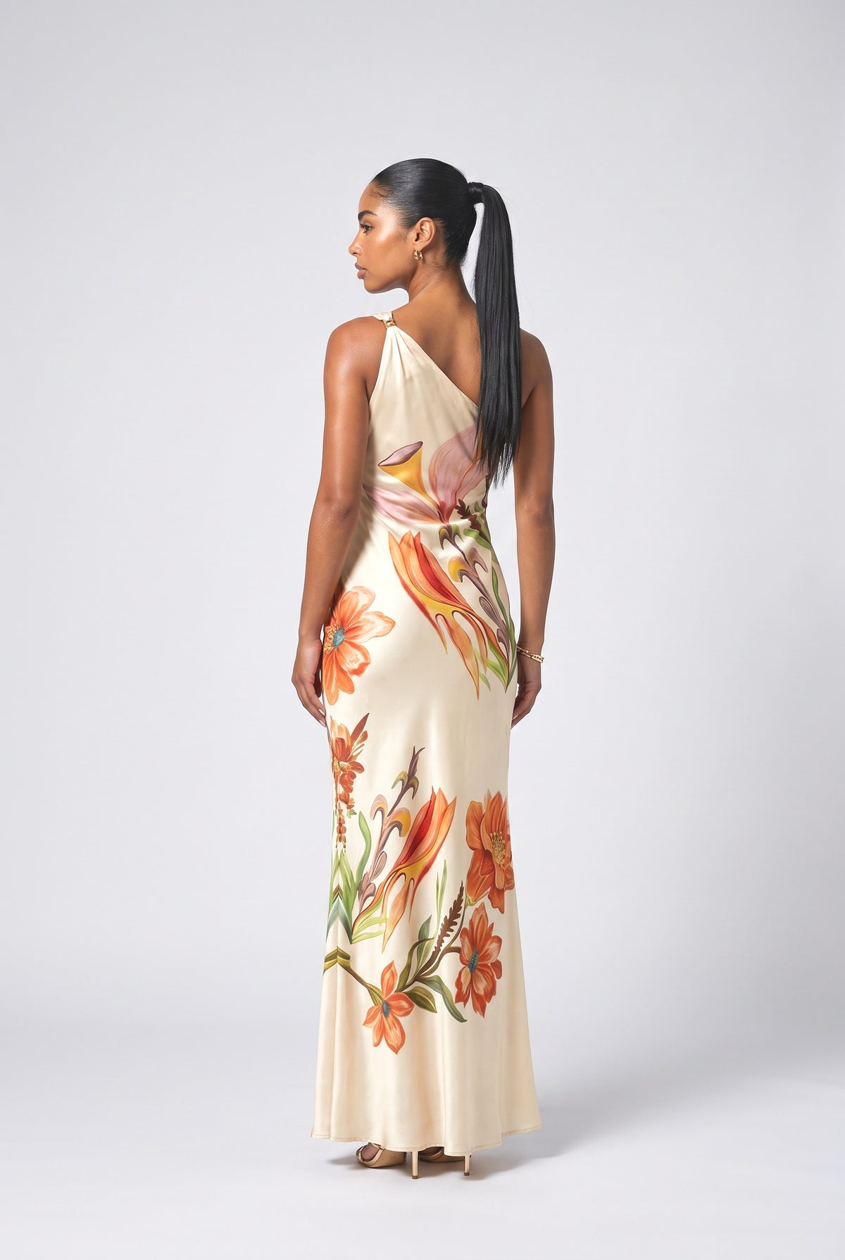 Beige Floral Satin One-Shoulder Maxi Dress, back view