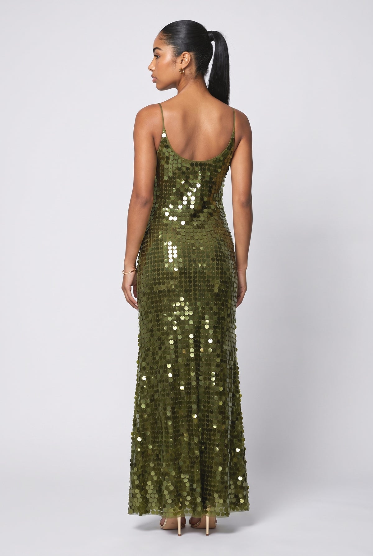 Green Sequin Sleeveless Maxi Dress, back view