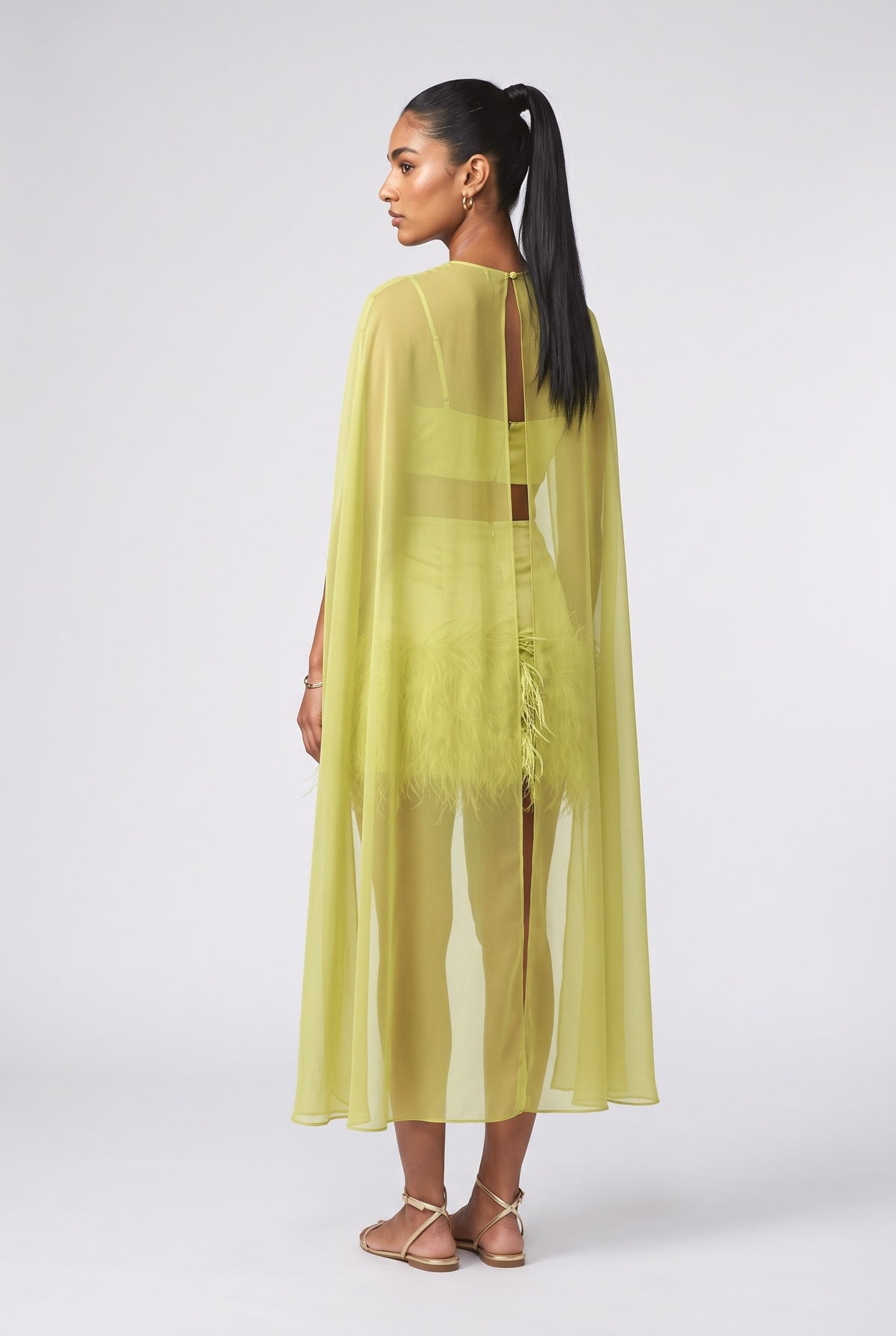 Sheer Feather Trim Outfit Set, back view