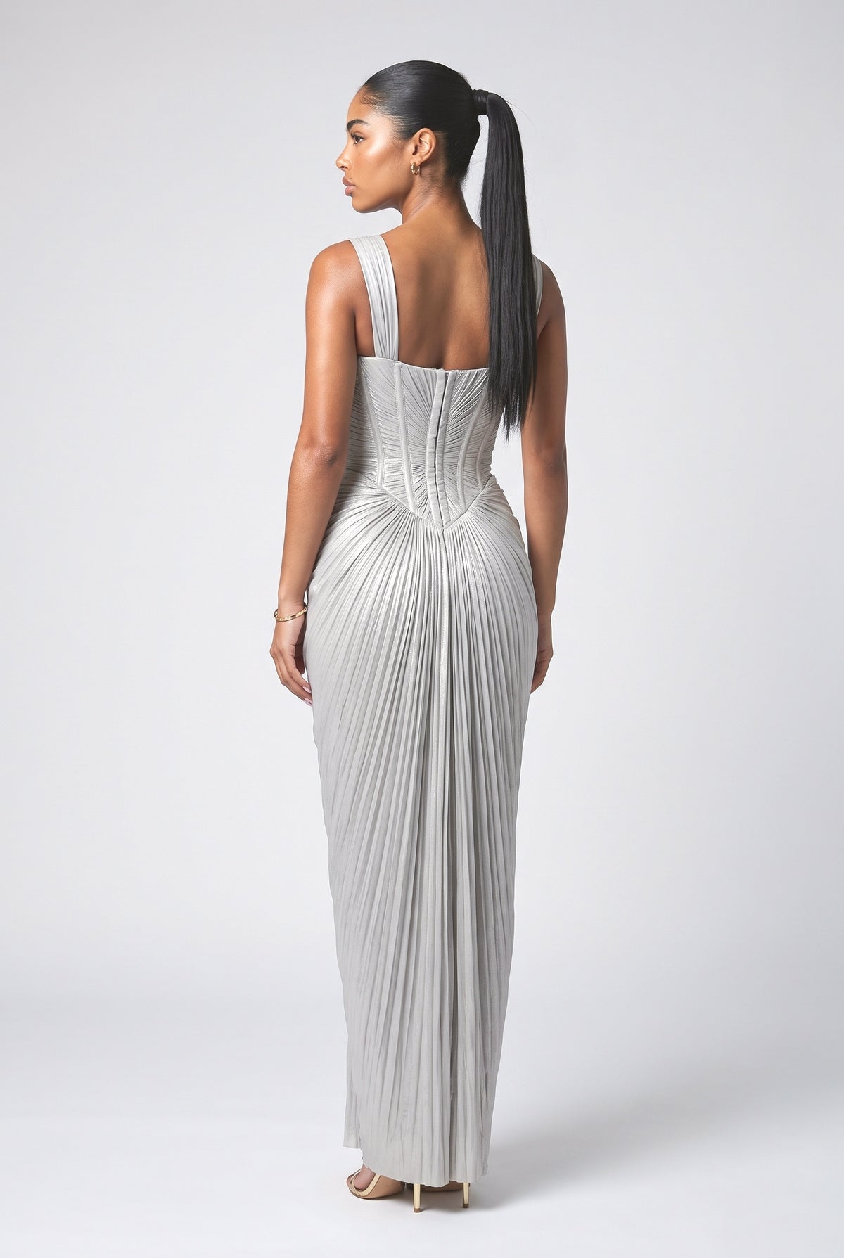Gold Pleated Maxi Dress, back view