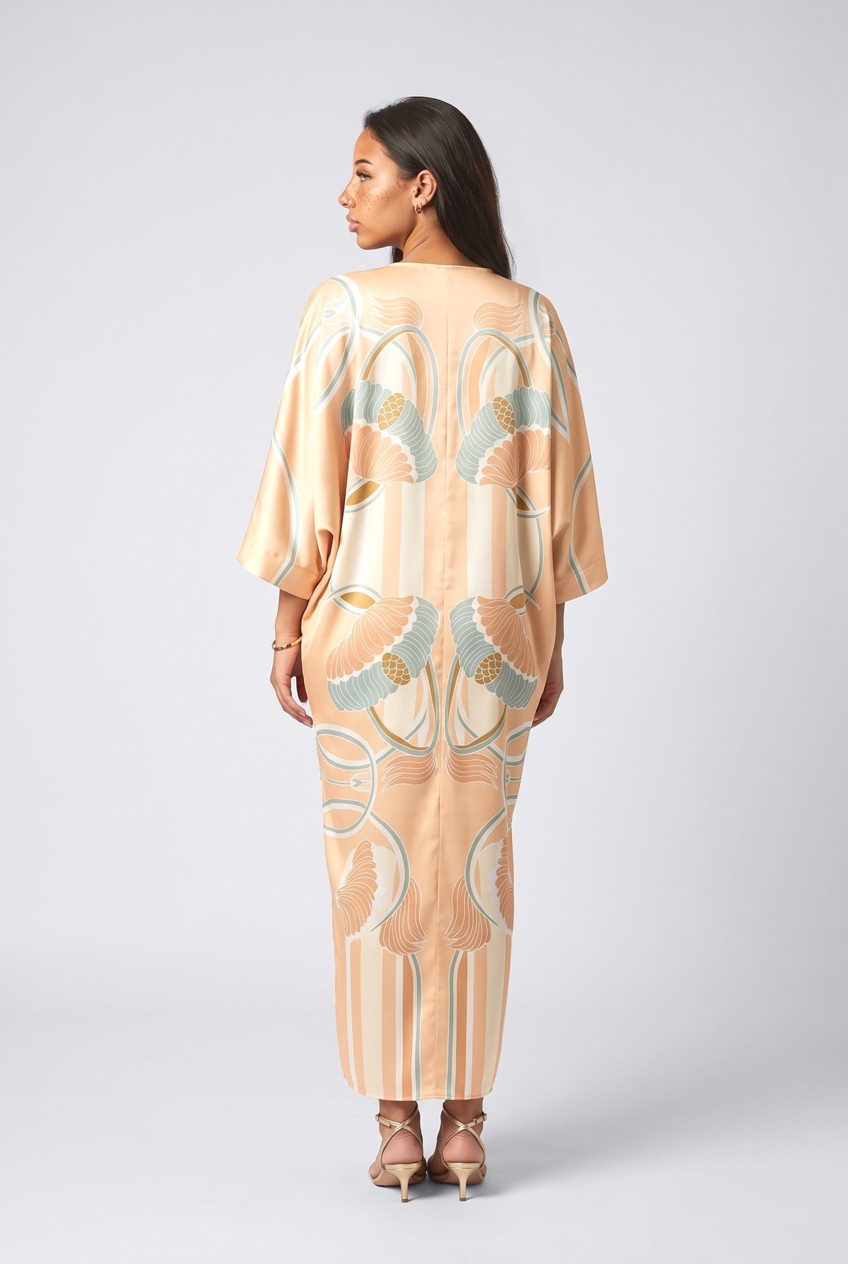 Multicolor Floral Satin Batwing Sleeve Maxi Dress, back view