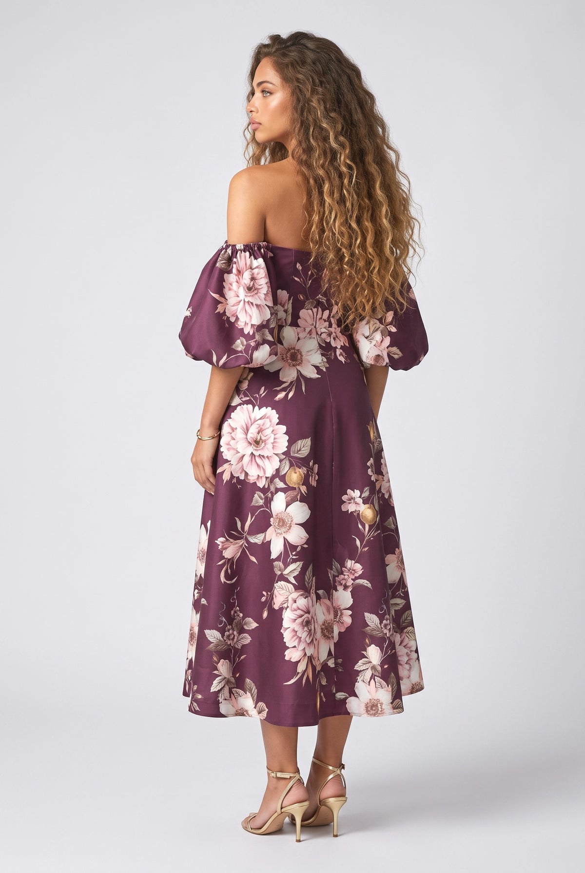 Multicolor Floral Off-Shoulder Puff Sleeve Midi Dress, back view