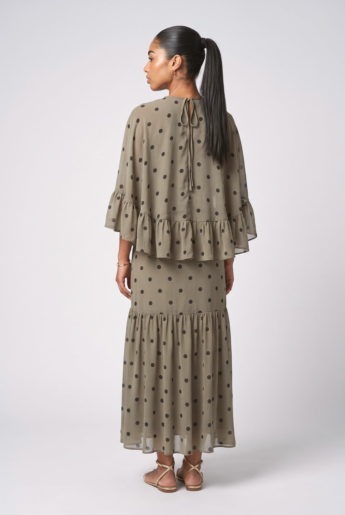 Beige Polka Dot Chiffon Ruffle Maxi Dress, back view