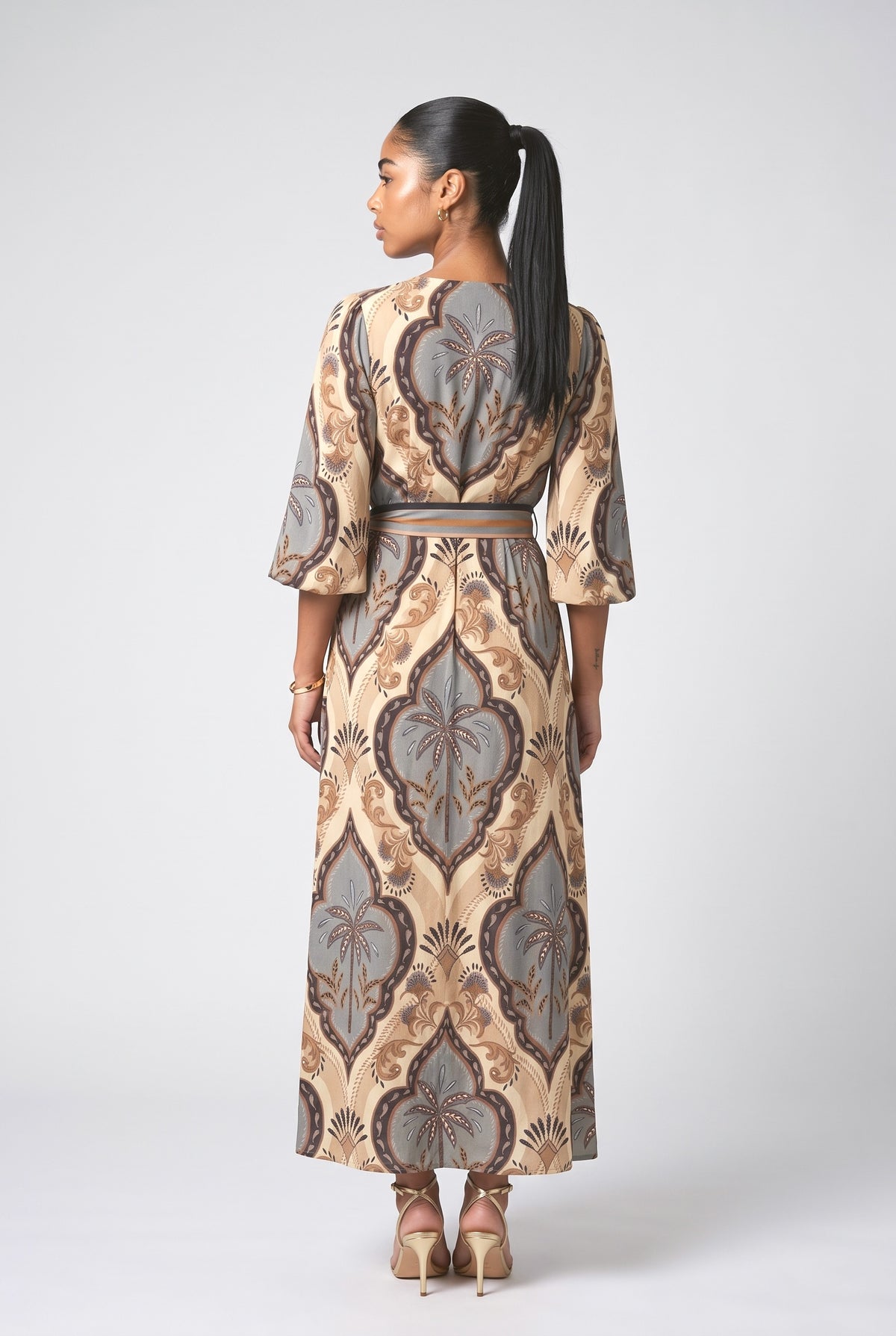 Vintage Palm Print Belted Maxi Dress, back view