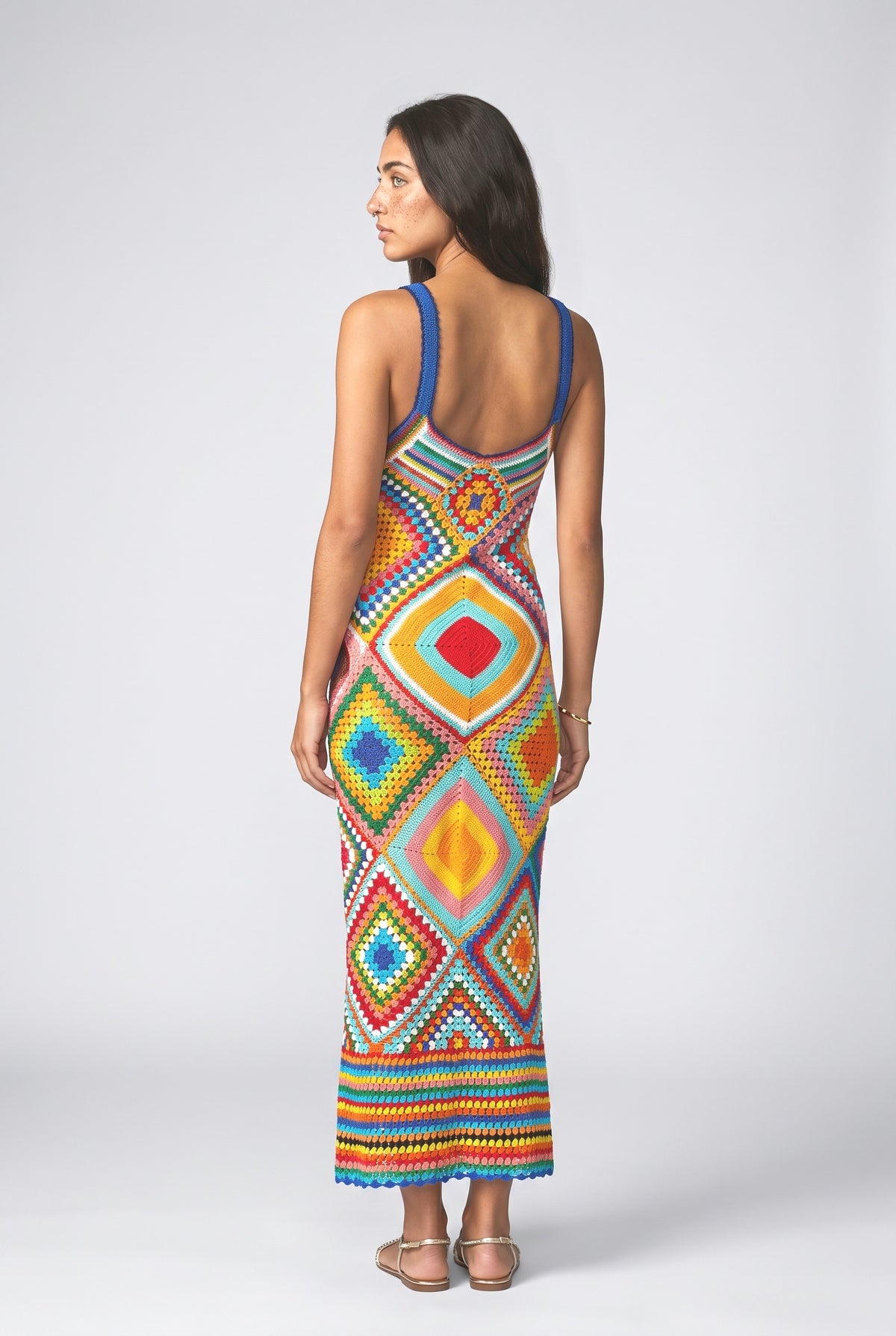 Multicolor Geometric Crochet Midi Dress, back view