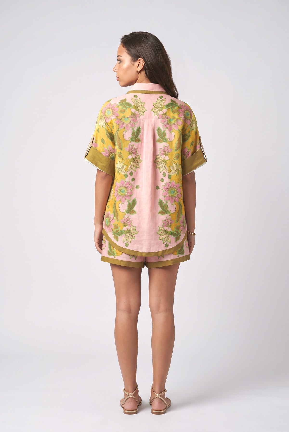 Tropical Botanical Printed Shirt & Shorts Set, back view