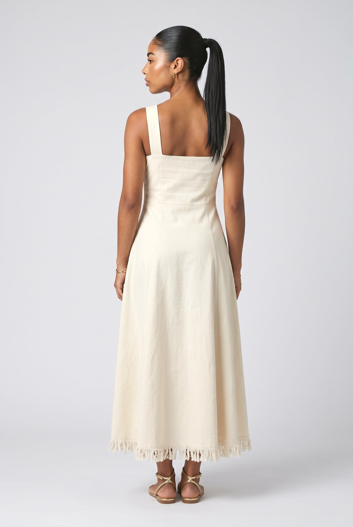 Beige Square Neck Sleeveless Maxi Dress, back view